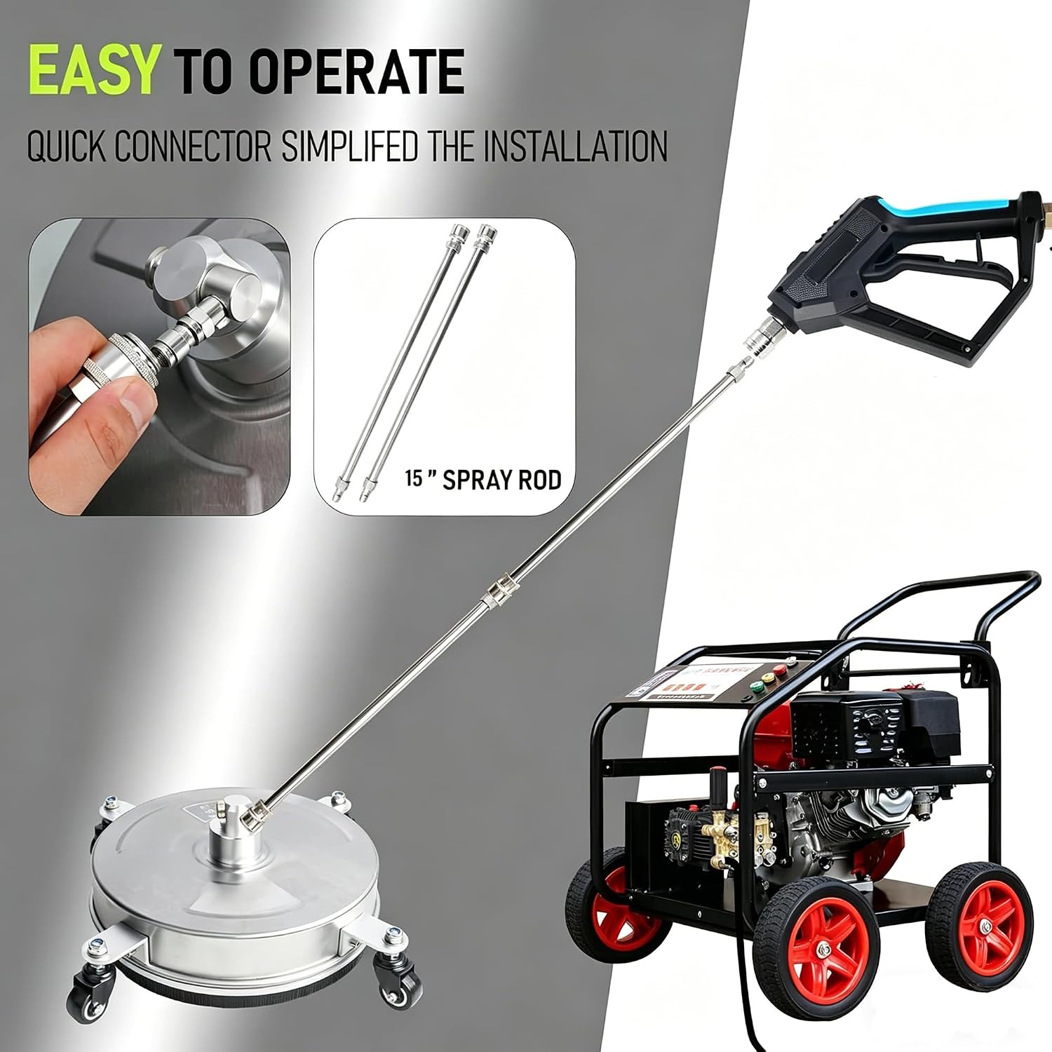 Hourleey 19 Pressure Washer Surface Cleaner. Stainless Steel Surface Cleaner with 4 Wheels for Concrete. Patio. Sidewalk. Deck. Pathway 1/4 Quick Connector. 2 Extension Wand. 4000 PSI