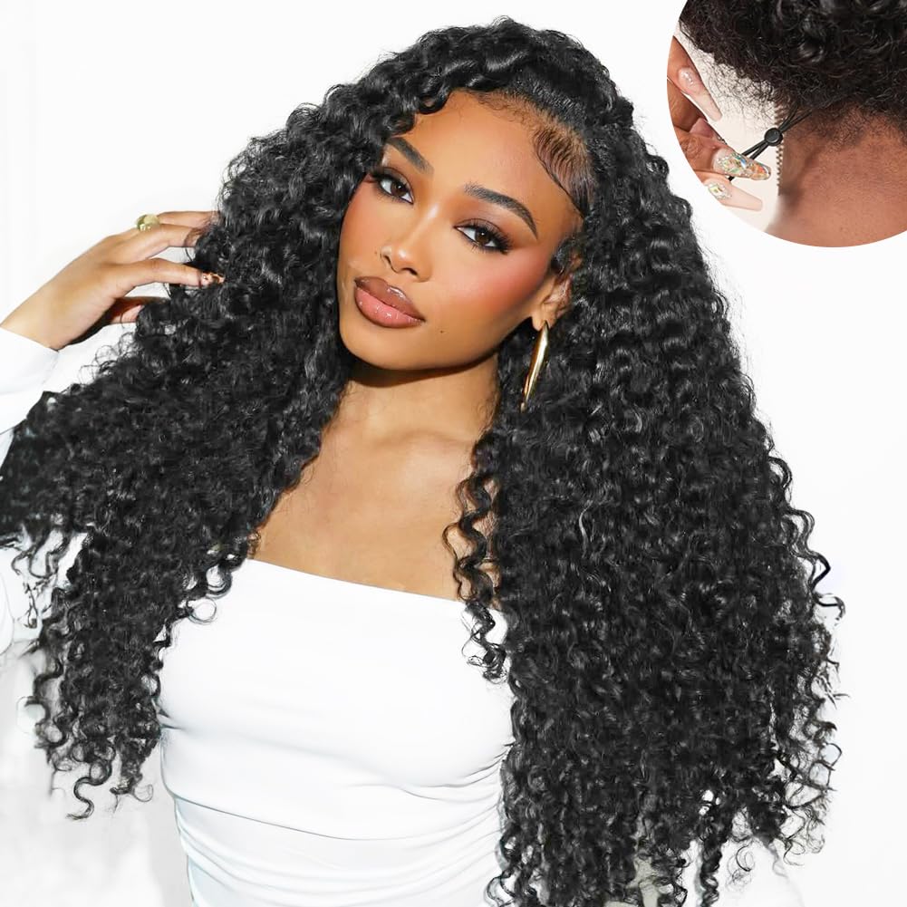 Lemiva Wear and Go Glueless Wigs Human Hair Pre Plucked Pre Cut HD Lace 7x5 Deep Wave Lace Front Wigs Human Hair Pre Plucked 200% Density Glueless Drawstring Wig for Beginners 20 Inch Natural Color