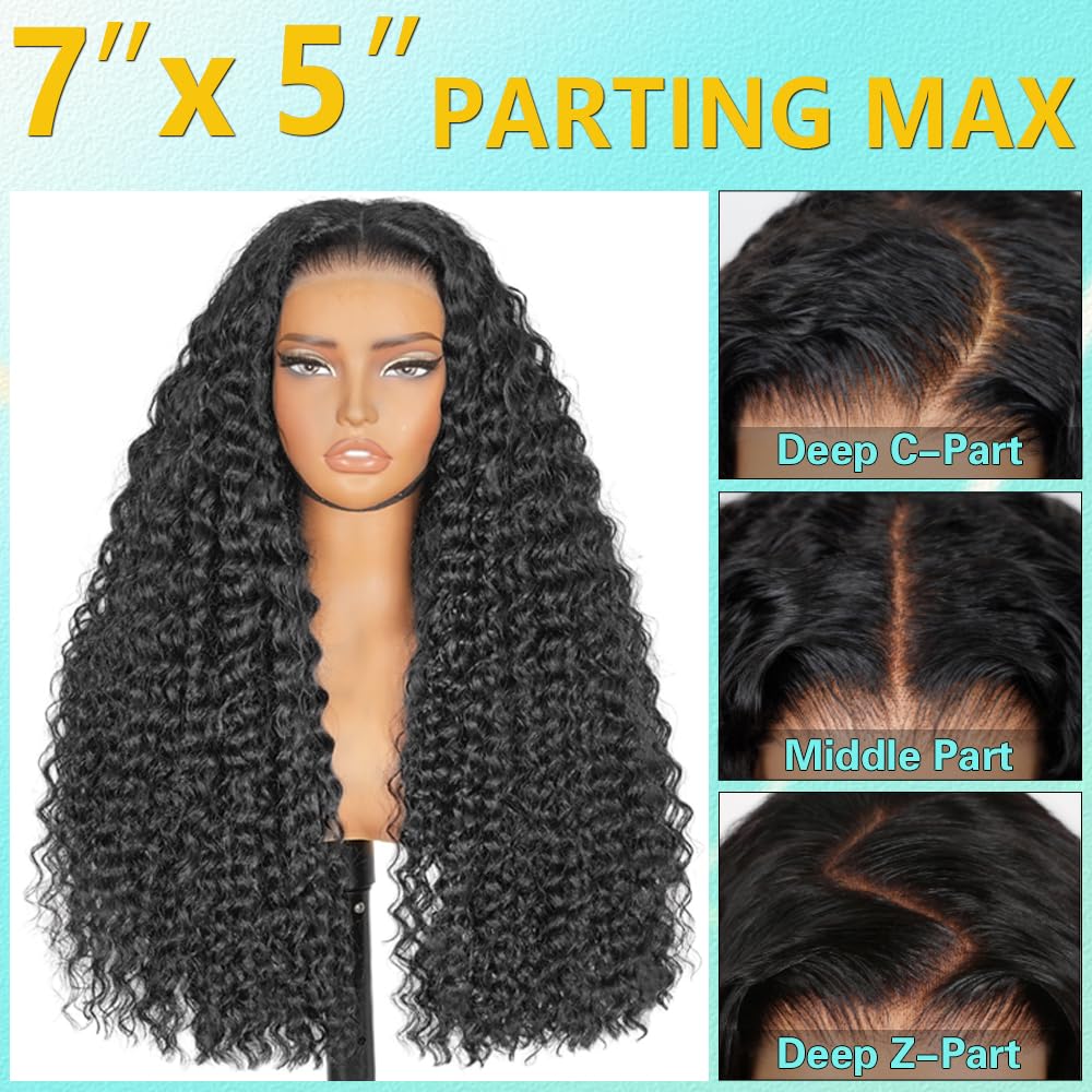 Lemiva Wear and Go Glueless Wigs Human Hair Pre Plucked Pre Cut HD Lace 7x5 Deep Wave Lace Front Wigs Human Hair Pre Plucked 200% Density Glueless Drawstring Wig for Beginners 20 Inch Natural Color