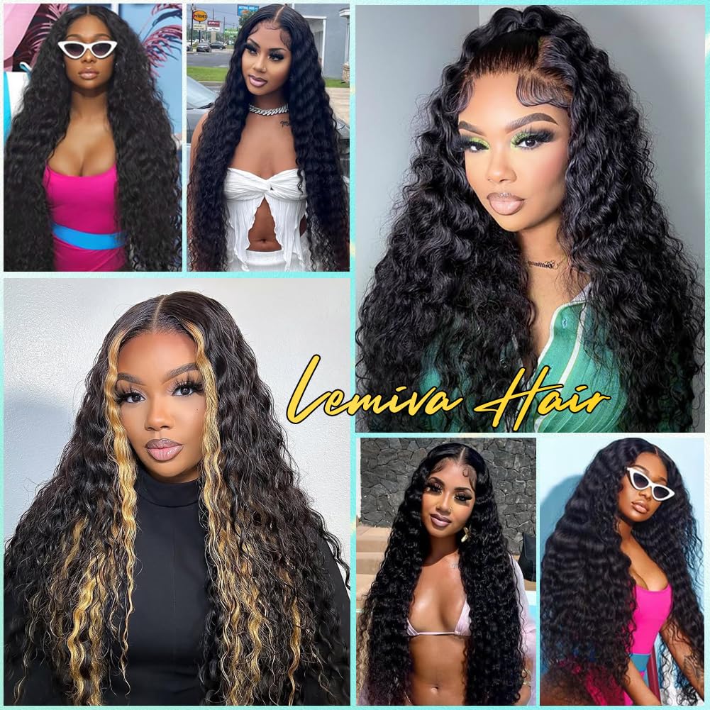 Lemiva Wear and Go Glueless Wigs Human Hair Pre Plucked Pre Cut HD Lace 7x5 Deep Wave Lace Front Wigs Human Hair Pre Plucked 200% Density Glueless Drawstring Wig for Beginners 20 Inch Natural Color