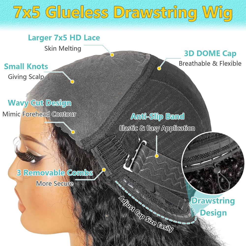 Lemiva Wear and Go Glueless Wigs Human Hair Pre Plucked Pre Cut HD Lace 7x5 Deep Wave Lace Front Wigs Human Hair Pre Plucked 200% Density Glueless Drawstring Wig for Beginners 20 Inch Natural Color