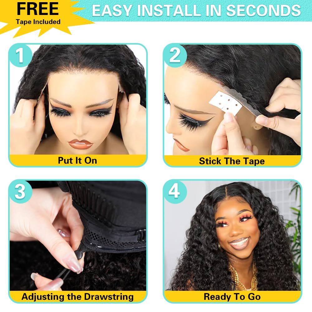 Lemiva Wear and Go Glueless Wigs Human Hair Pre Plucked Pre Cut HD Lace 7x5 Deep Wave Lace Front Wigs Human Hair Pre Plucked 200% Density Glueless Drawstring Wig for Beginners 20 Inch Natural Color