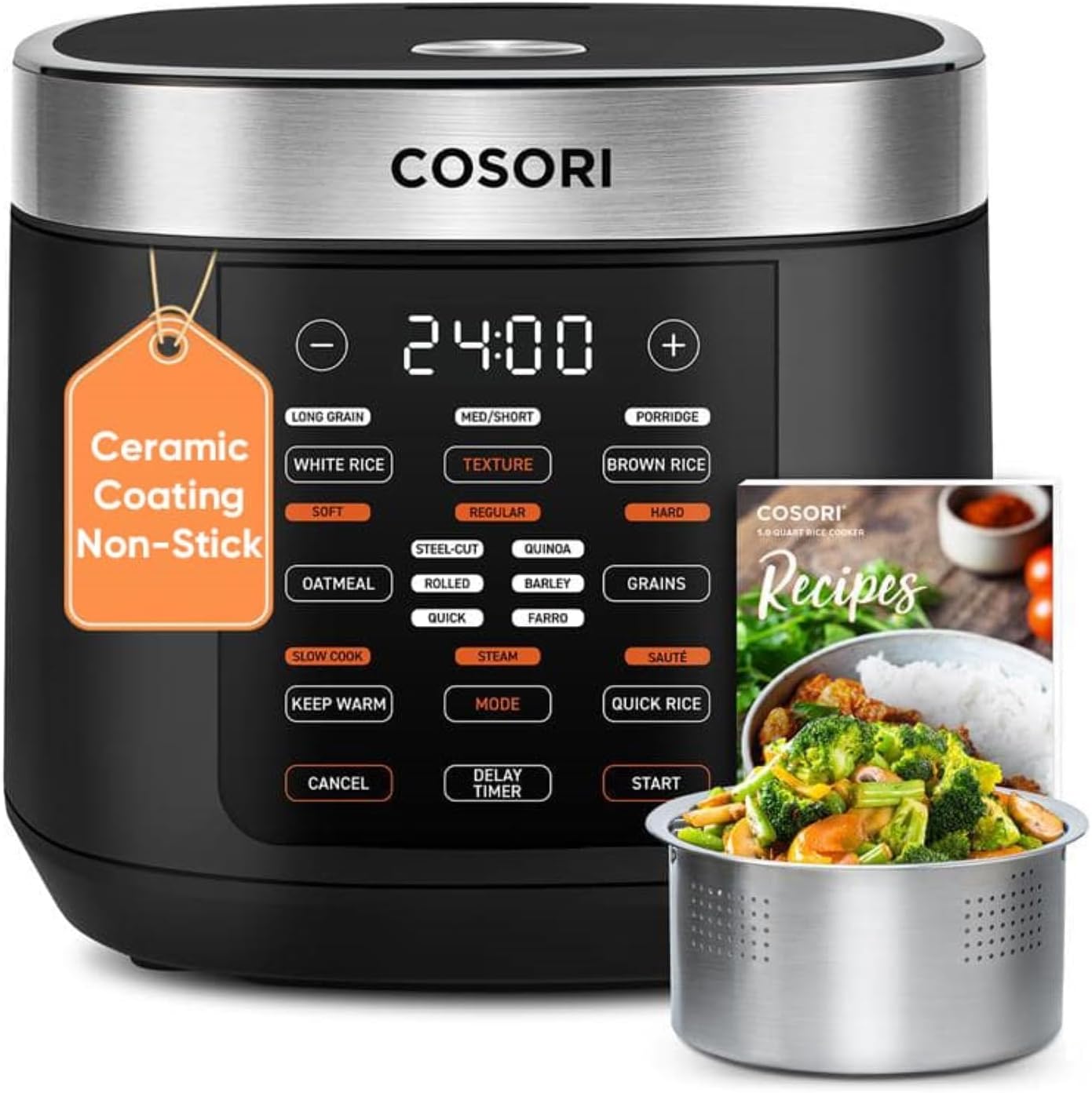 Cosori Rice Cooker 10 Cup. Fuzzy Logic. Ceramic Coating Inner Pot.18-in-1 | 24H Keep Warm & Delay Timer. Stainless Steel Steamer Basket. Non-stick Ceramic Coating. Sauté. Slow Cook. Black