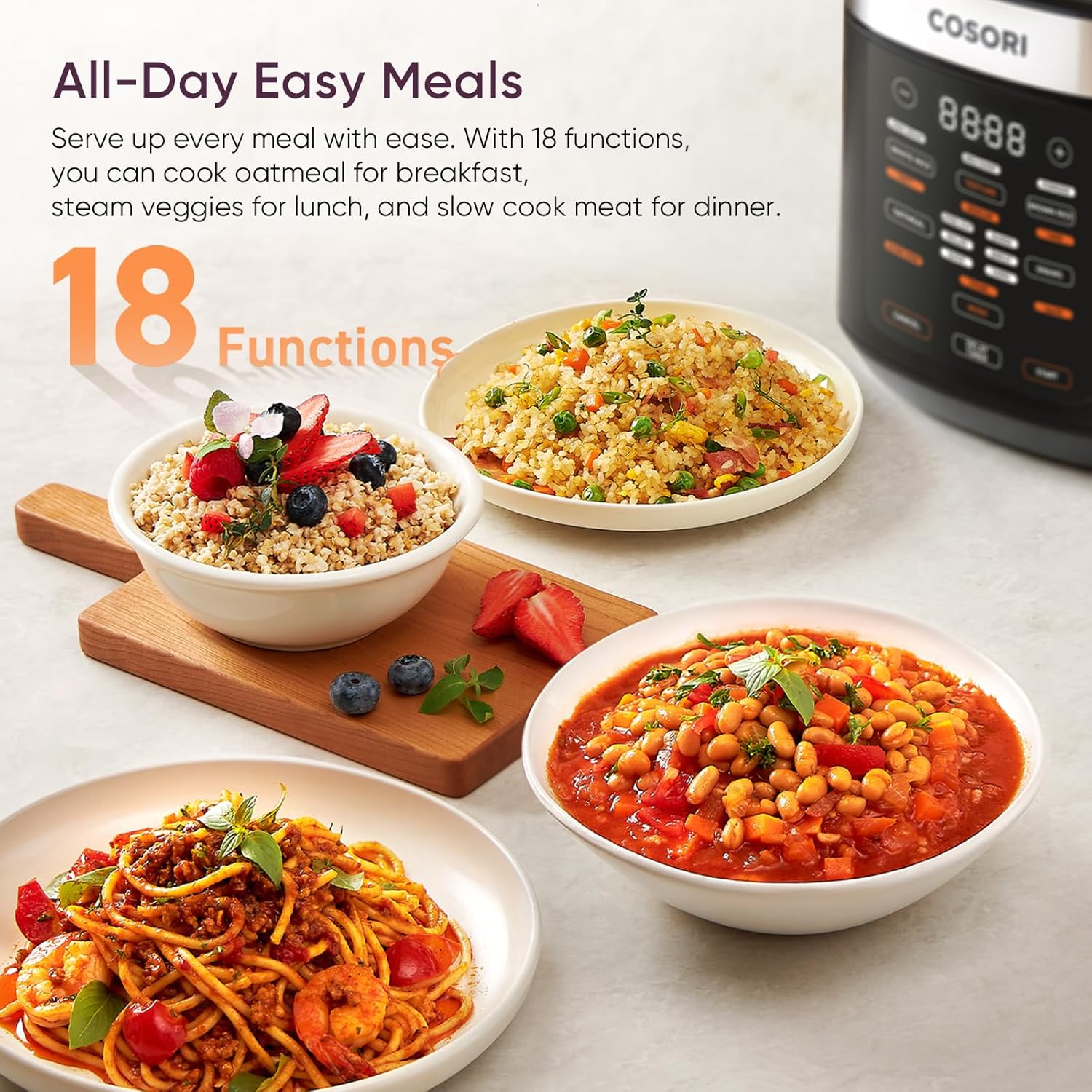 Cosori Rice Cooker 10 Cup. Fuzzy Logic. Ceramic Coating Inner Pot.18-in-1 | 24H Keep Warm & Delay Timer. Stainless Steel Steamer Basket. Non-stick Ceramic Coating. Sauté. Slow Cook. Black
