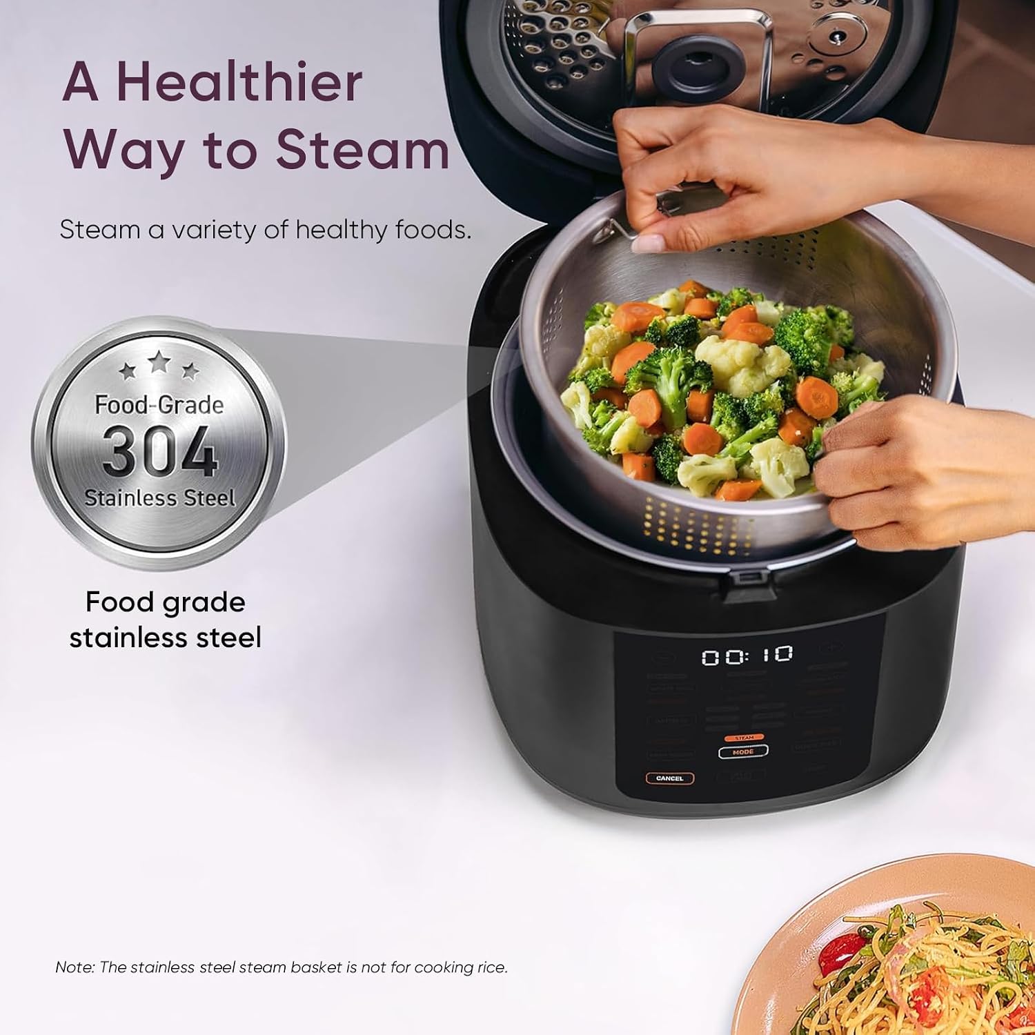 Cosori Rice Cooker 10 Cup. Fuzzy Logic. Ceramic Coating Inner Pot.18-in-1 | 24H Keep Warm & Delay Timer. Stainless Steel Steamer Basket. Non-stick Ceramic Coating. Sauté. Slow Cook. Black