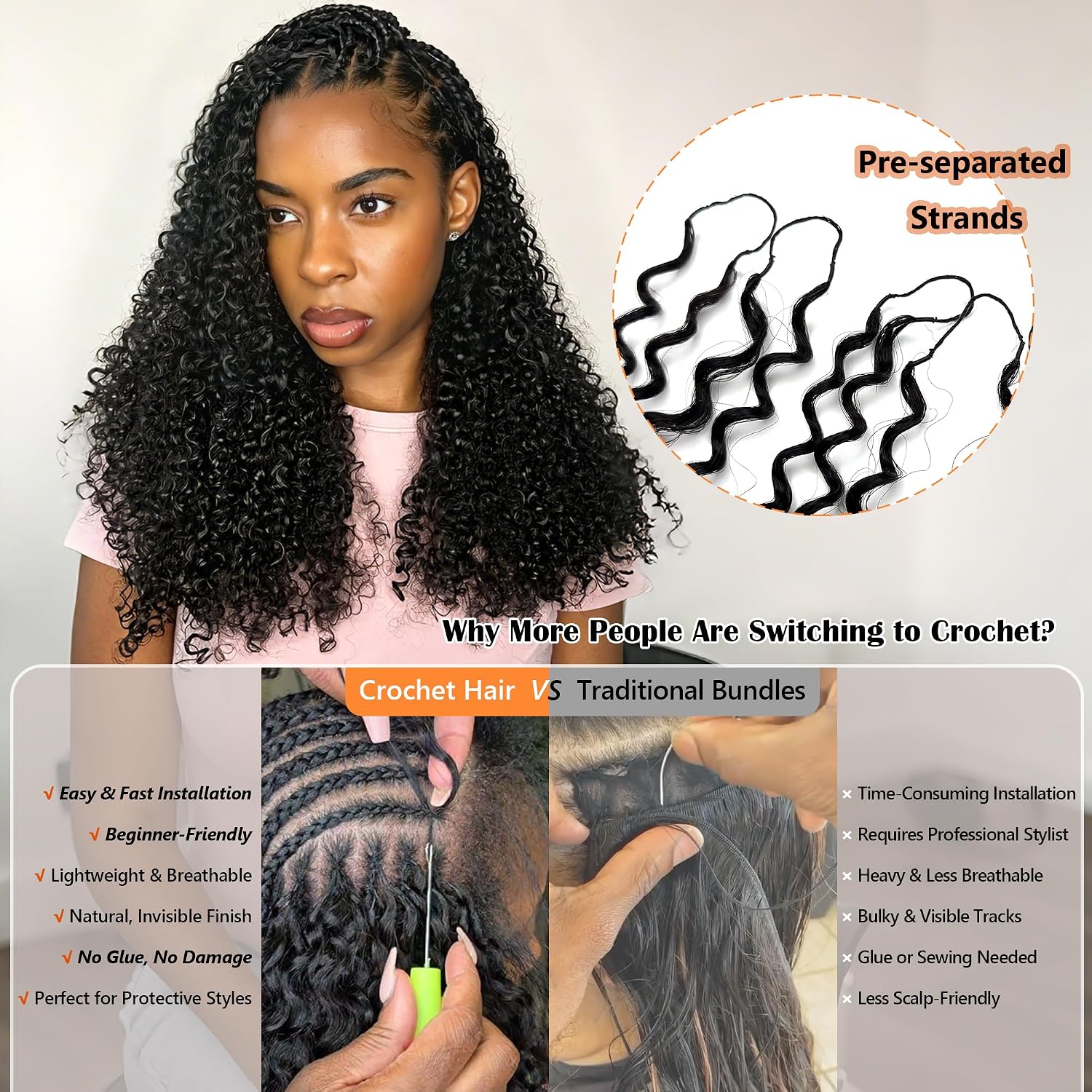 100% Human Hair Crochet Hair Burmese Curly. Pre-Looped & Pre-Separated Crochet Braids. Natural Black. Soft Lightweight. No Shedding. Tangle Free. Crochet Hair for Black Women 100strands 120g 20 Inch