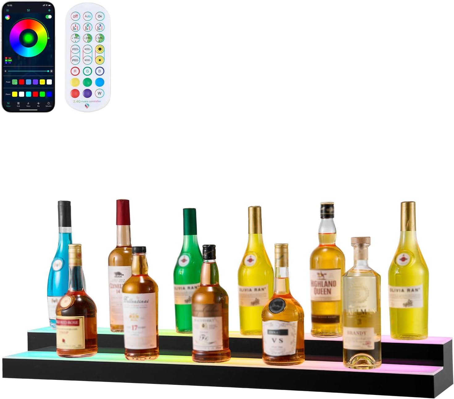 VEVOR LED Lighted Liquor Bottle Display. 2 Tiers 40 inches. Supports USB. Acrylic Illuminated Home Bar Shelf Display with RF Remote & App Control. 9 Static Colors. Timing Mode. for 20-28 Bottles