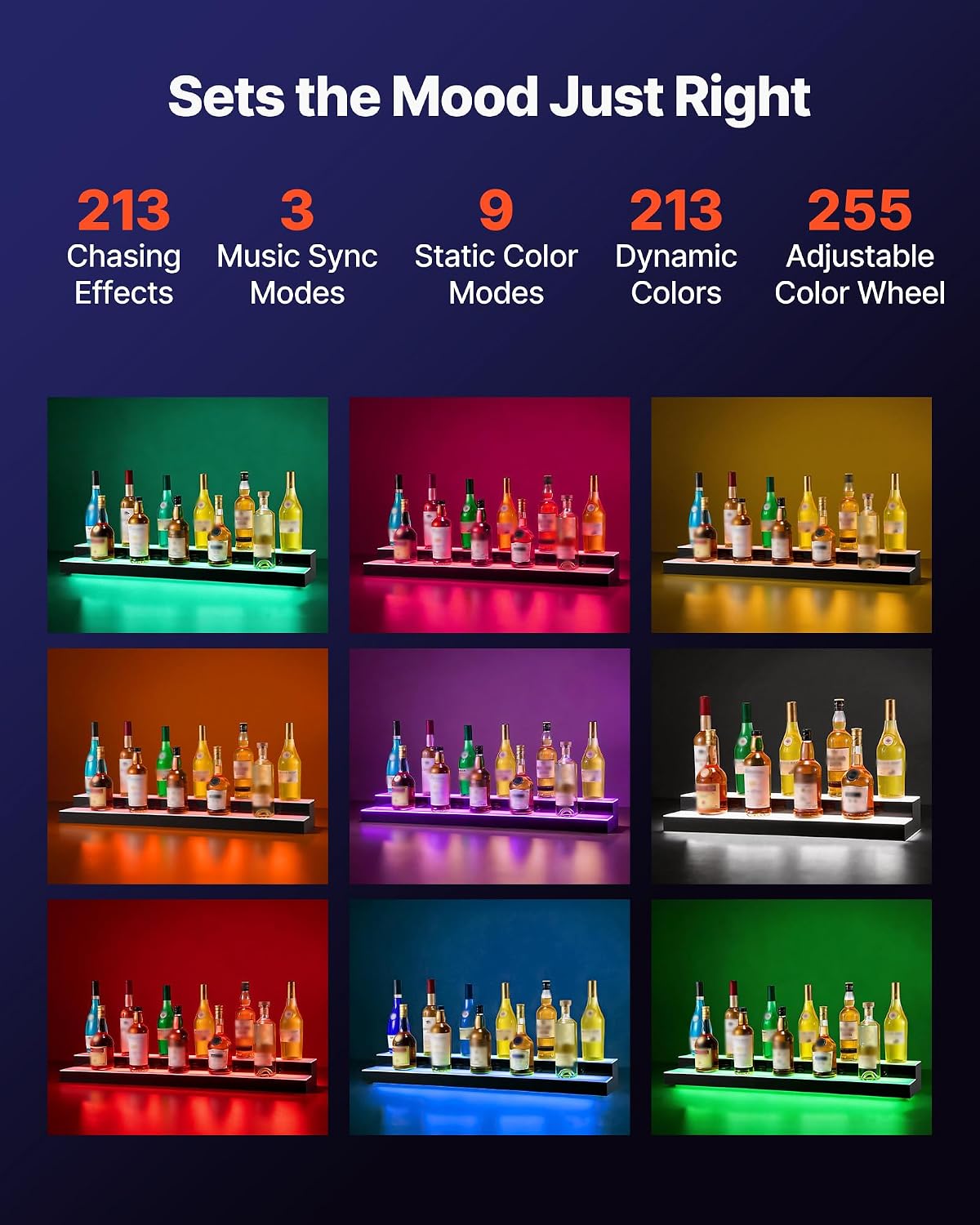 VEVOR LED Lighted Liquor Bottle Display. 2 Tiers 40 inches. Supports USB. Acrylic Illuminated Home Bar Shelf Display with RF Remote & App Control. 9 Static Colors. Timing Mode. for 20-28 Bottles