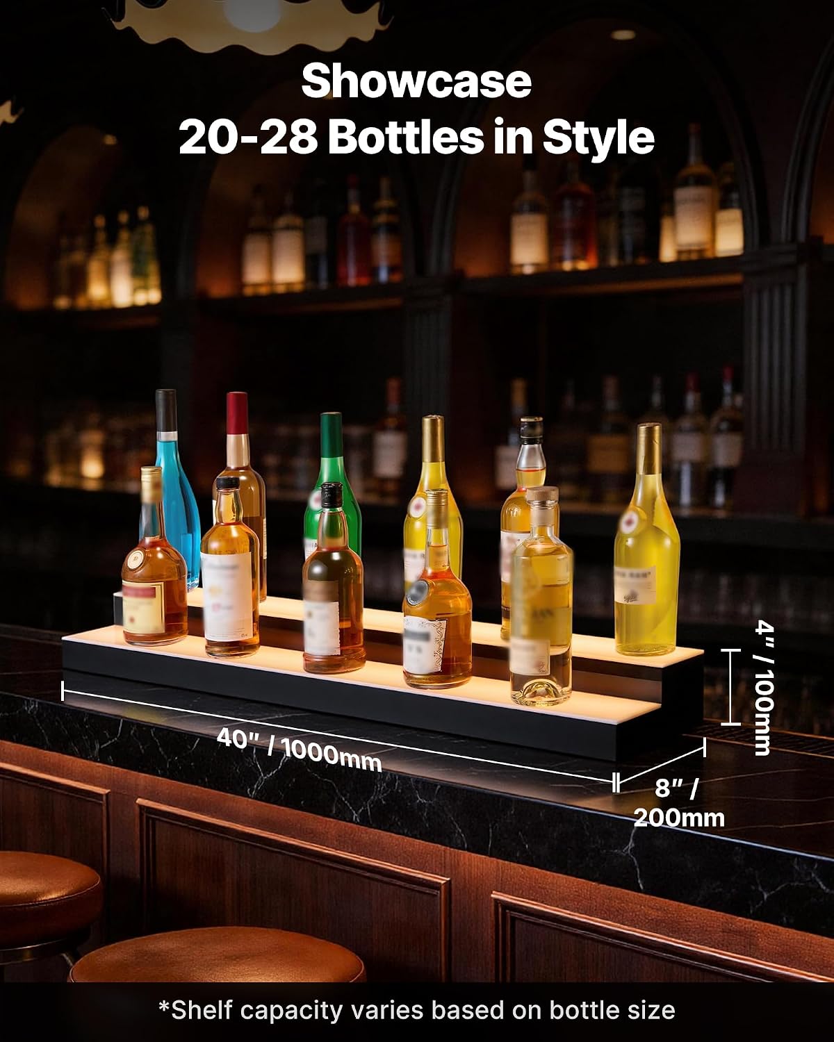 VEVOR LED Lighted Liquor Bottle Display. 2 Tiers 40 inches. Supports USB. Acrylic Illuminated Home Bar Shelf Display with RF Remote & App Control. 9 Static Colors. Timing Mode. for 20-28 Bottles