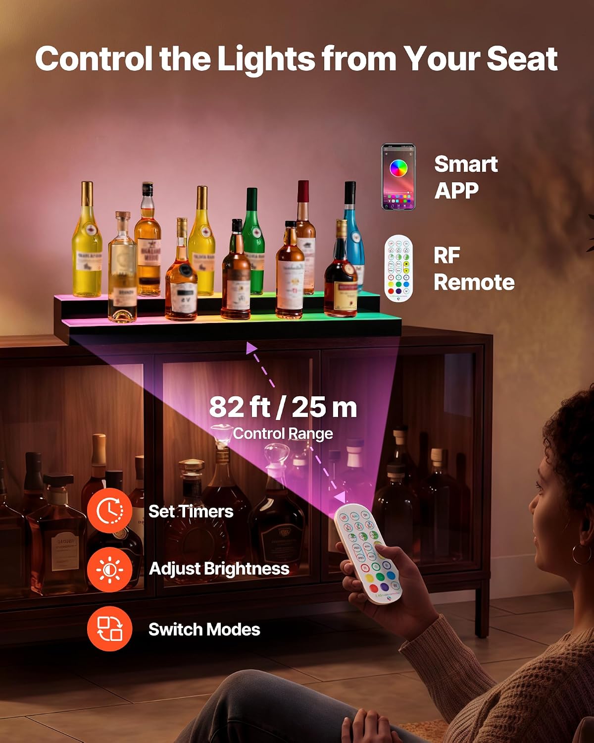 VEVOR LED Lighted Liquor Bottle Display. 2 Tiers 40 inches. Supports USB. Acrylic Illuminated Home Bar Shelf Display with RF Remote & App Control. 9 Static Colors. Timing Mode. for 20-28 Bottles