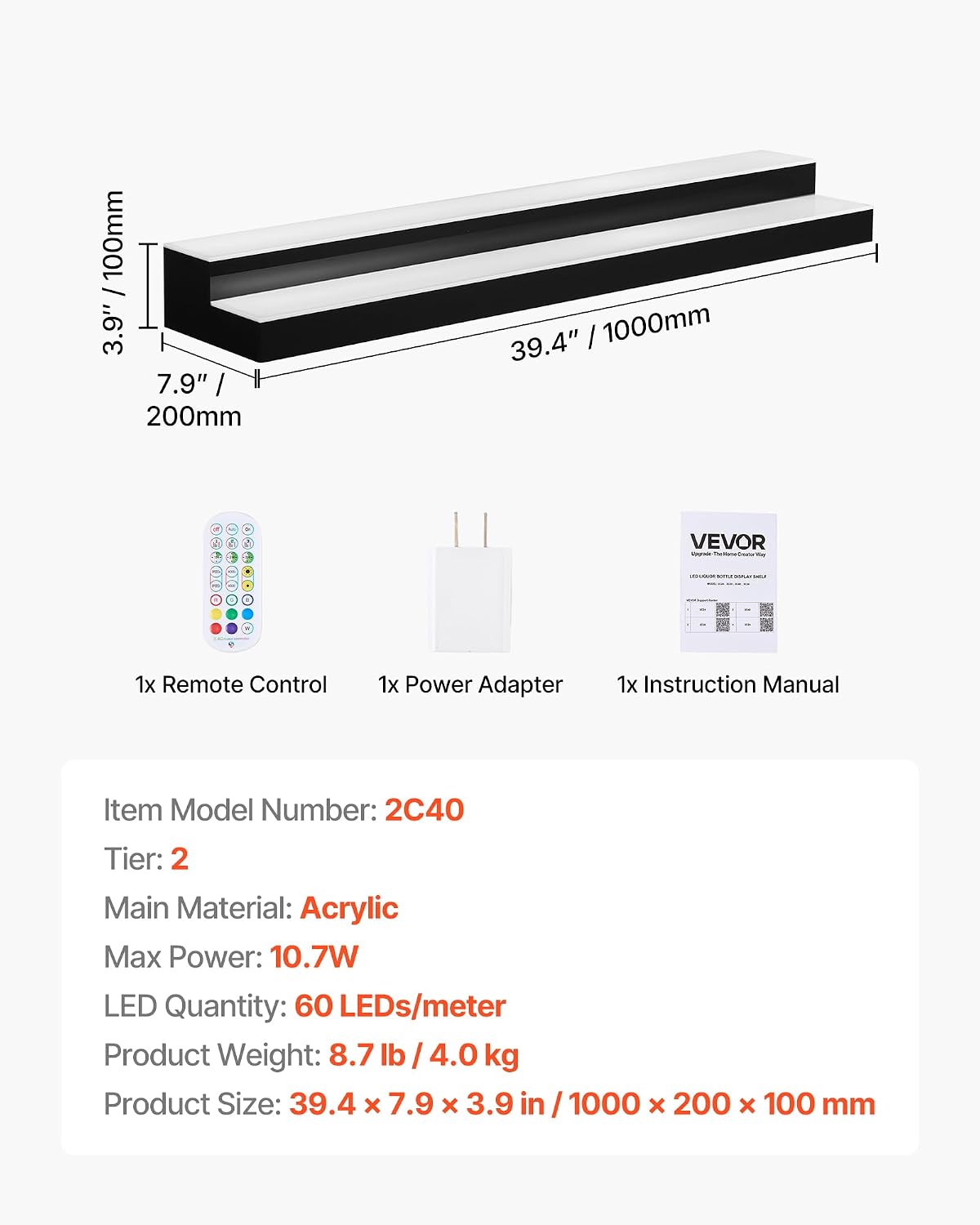 VEVOR LED Lighted Liquor Bottle Display. 2 Tiers 40 inches. Supports USB. Acrylic Illuminated Home Bar Shelf Display with RF Remote & App Control. 9 Static Colors. Timing Mode. for 20-28 Bottles