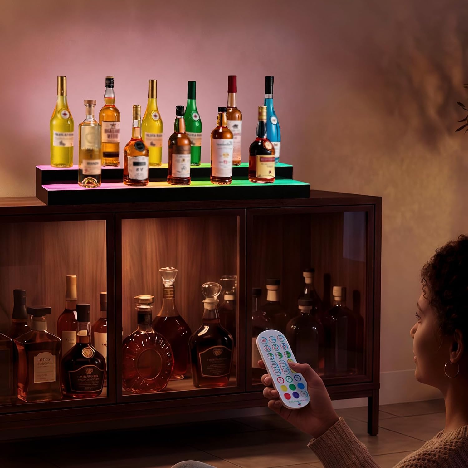 VEVOR LED Lighted Liquor Bottle Display. 2 Tiers 40 inches. Supports USB. Acrylic Illuminated Home Bar Shelf Display with RF Remote & App Control. 9 Static Colors. Timing Mode. for 20-28 Bottles