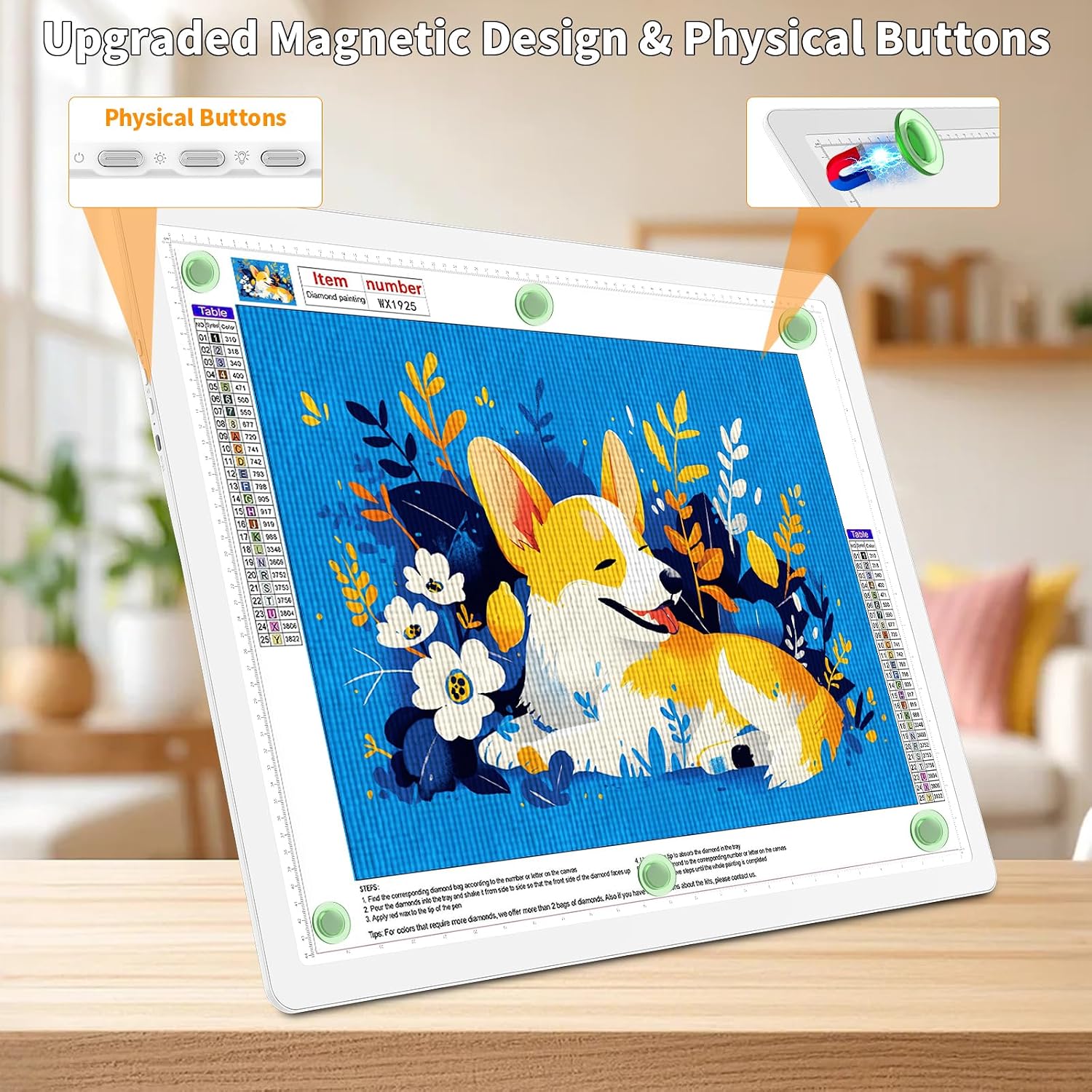 TOHETO Rechargeable Magnetic A2 Light Board 25.2''x18.4''. Large Diamond Painting Light Pad with Side Buttons. 3 Light Colors Light Box for Tracing and Drawing. Dimming LED Light Table for Sketching