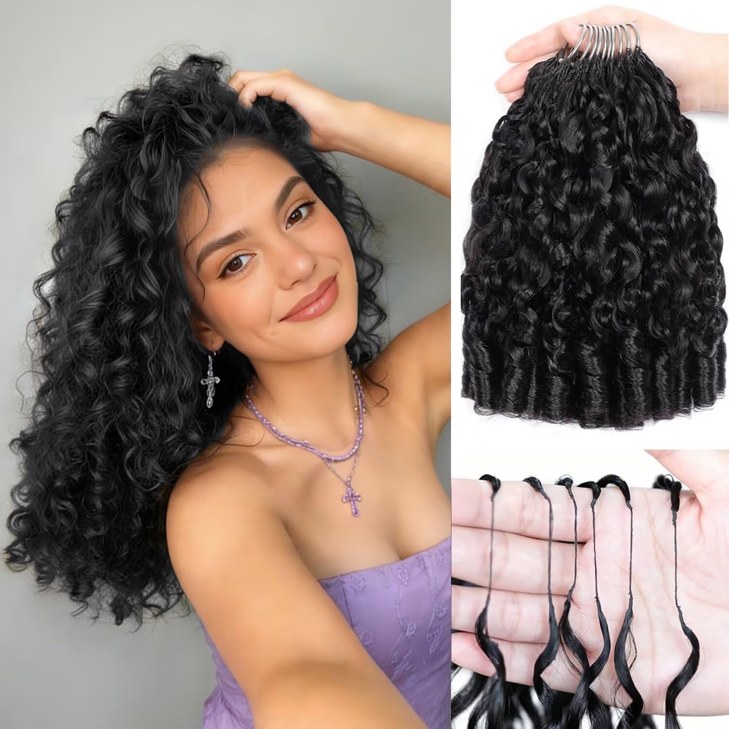 Feather Crochet Human Hair 20 Inch Burmese Curly Crochet Human Hair for Black Women 200 Strands 250g Pre-Separated Invisible Human Hair Extensions Natural Black 1B#
