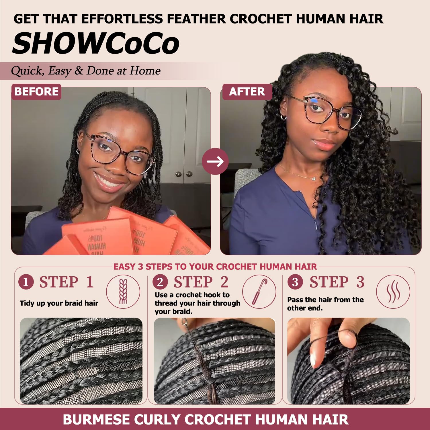 Feather Crochet Human Hair 20 Inch Burmese Curly Crochet Human Hair for Black Women 200 Strands 250g Pre-Separated Invisible Human Hair Extensions Natural Black 1B#