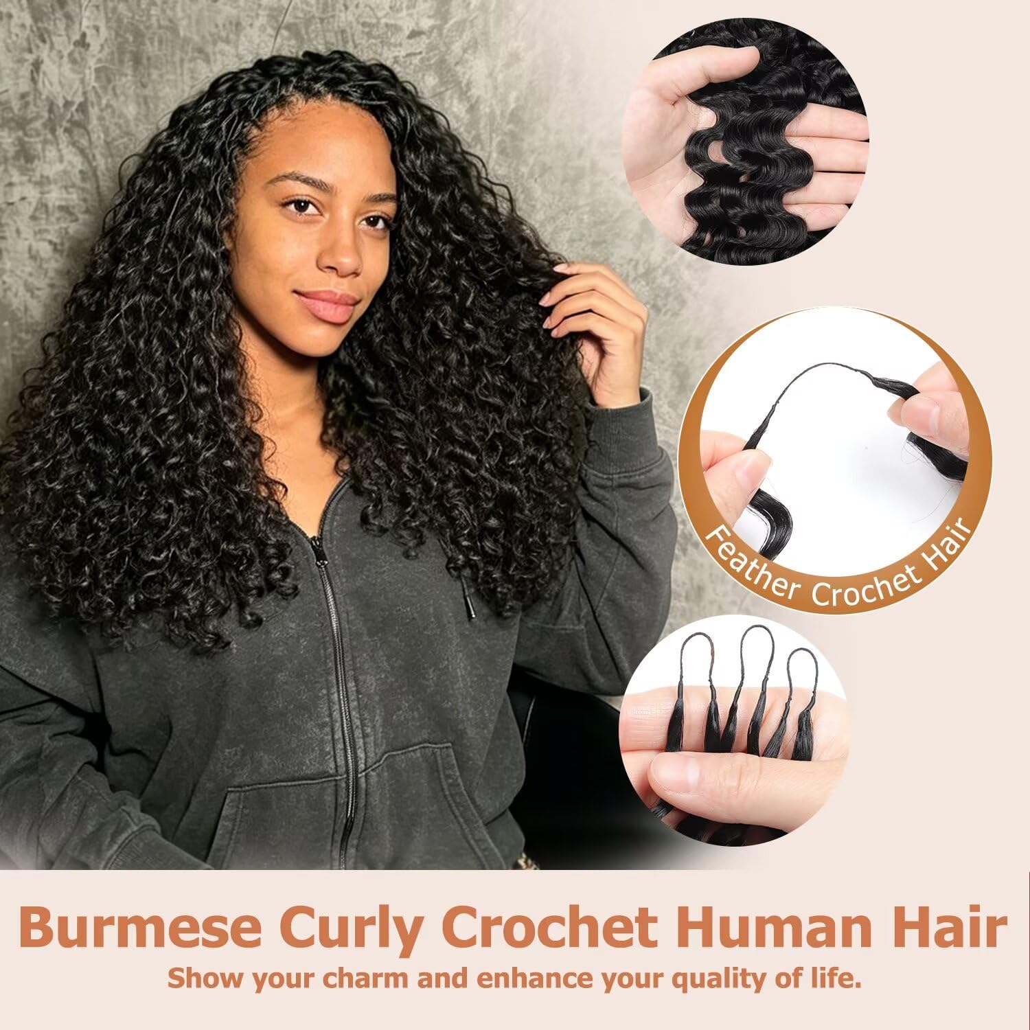 Feather Crochet Human Hair 20 Inch Burmese Curly Crochet Human Hair for Black Women 200 Strands 250g Pre-Separated Invisible Human Hair Extensions Natural Black 1B#