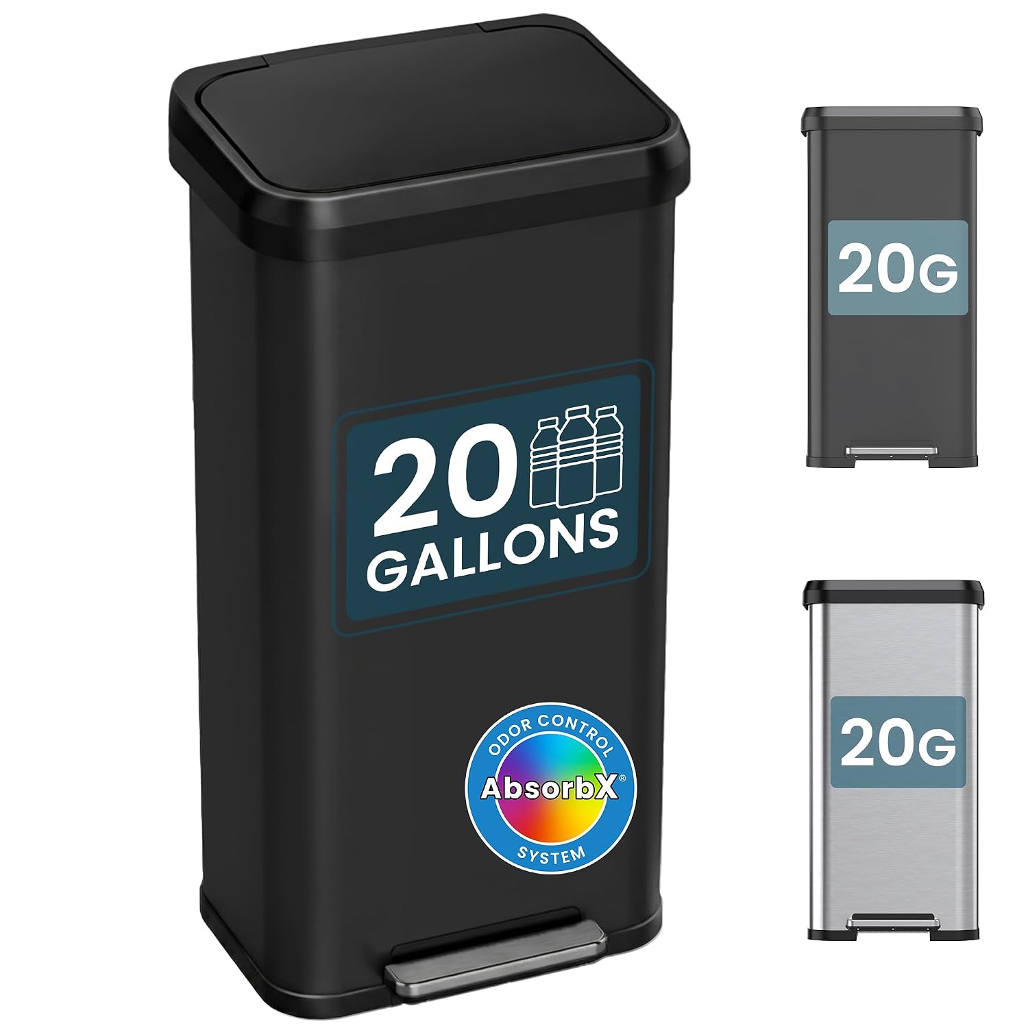 iTouchless SoftStep 20 Gallon / 75 Liter Extra-Large Outdoor & Indoor Recycling Bin. Matte Black Stainless Steel. Heavy-Duty Step Trash Can with Odor Filter. Dent-Proof Lid for Garage. Patio. & Office