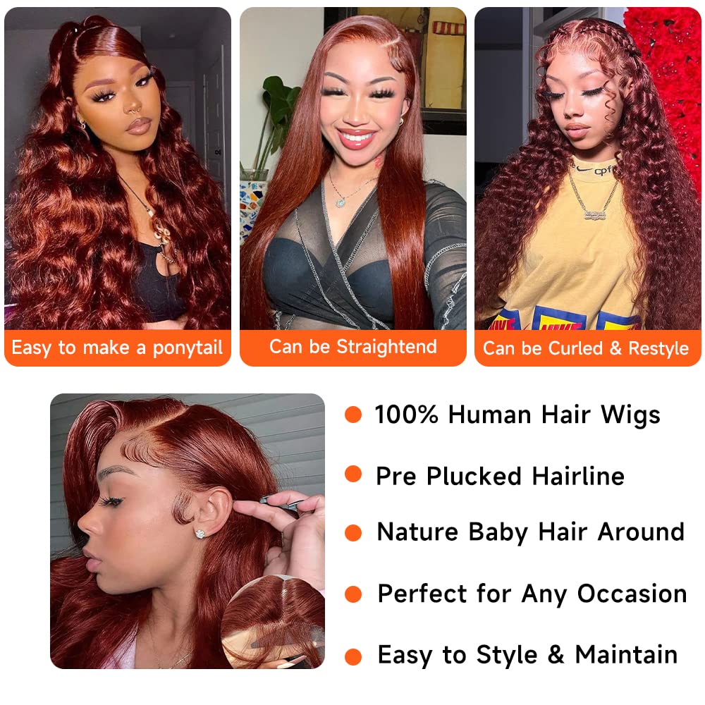 Avolo Reddish Brown Wig Human Hair 30 Inch Lace Front Wigs Human Hair Pre Plucked 13x4 Body Wave Frontal Wigs Human Hair Auburn Colored Human Hair Lace Front Wigs HD Lace Frontal Human Hair Wigs