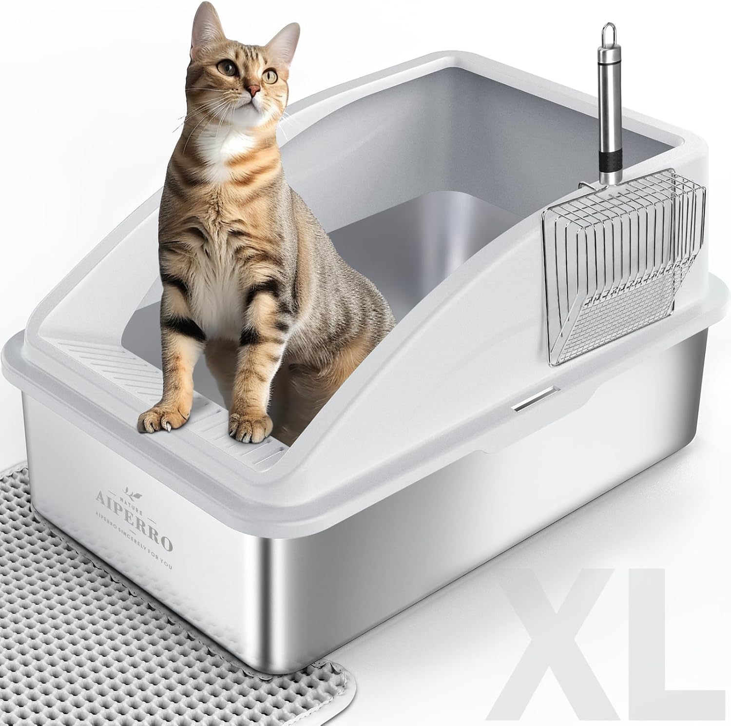 AIPERRO Stainless Steel Litter Box | XL Enclosed Cat Litter Boxes with Lid | High Sided Metal Litter Box for Big Cats | Anti-Urine Leakage | Non-Stick & Easy to Clean | Includes Litter Mat & Metal Scoop