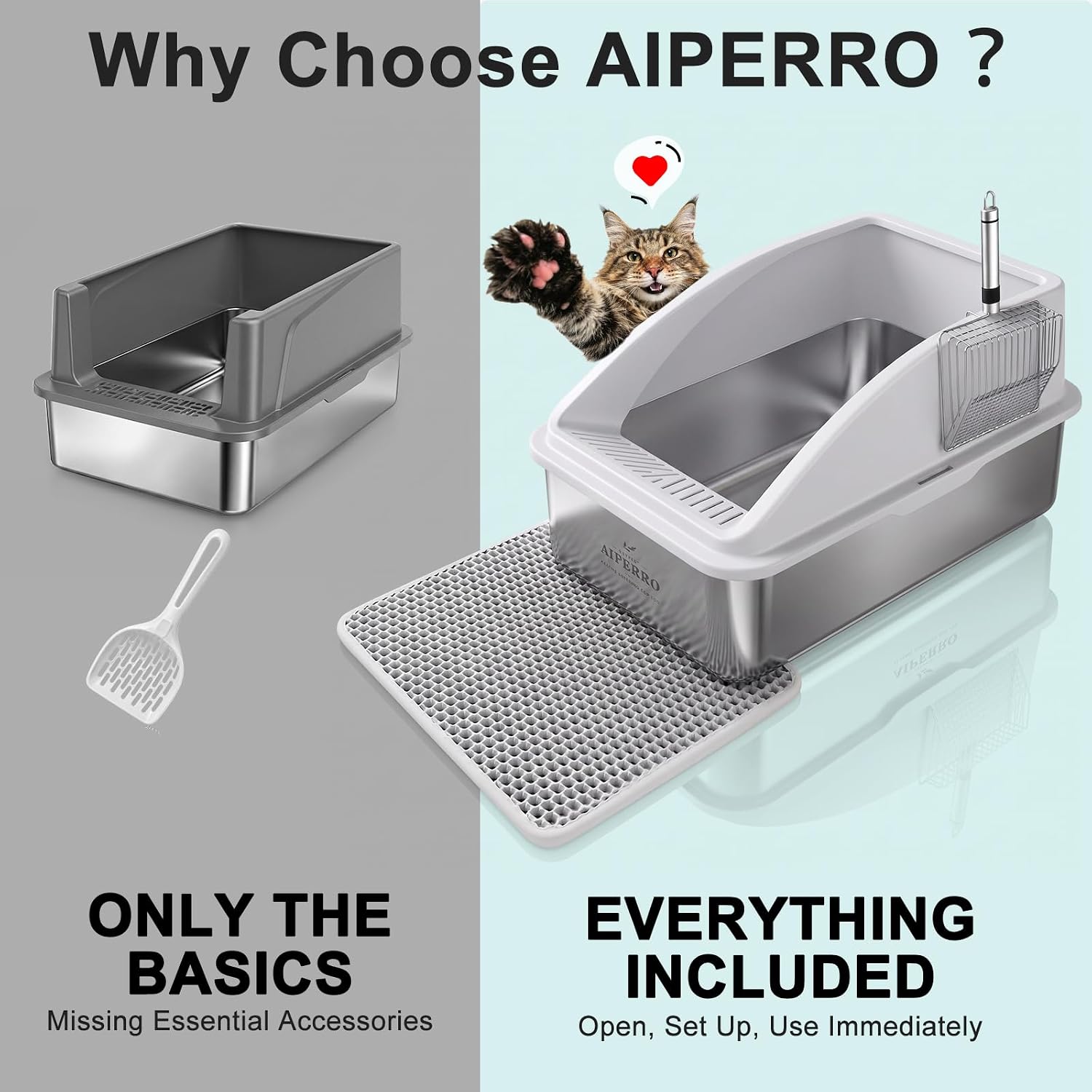 AIPERRO Stainless Steel Litter Box | XL Enclosed Cat Litter Boxes with Lid | High Sided Metal Litter Box for Big Cats | Anti-Urine Leakage | Non-Stick & Easy to Clean | Includes Litter Mat & Metal Scoop