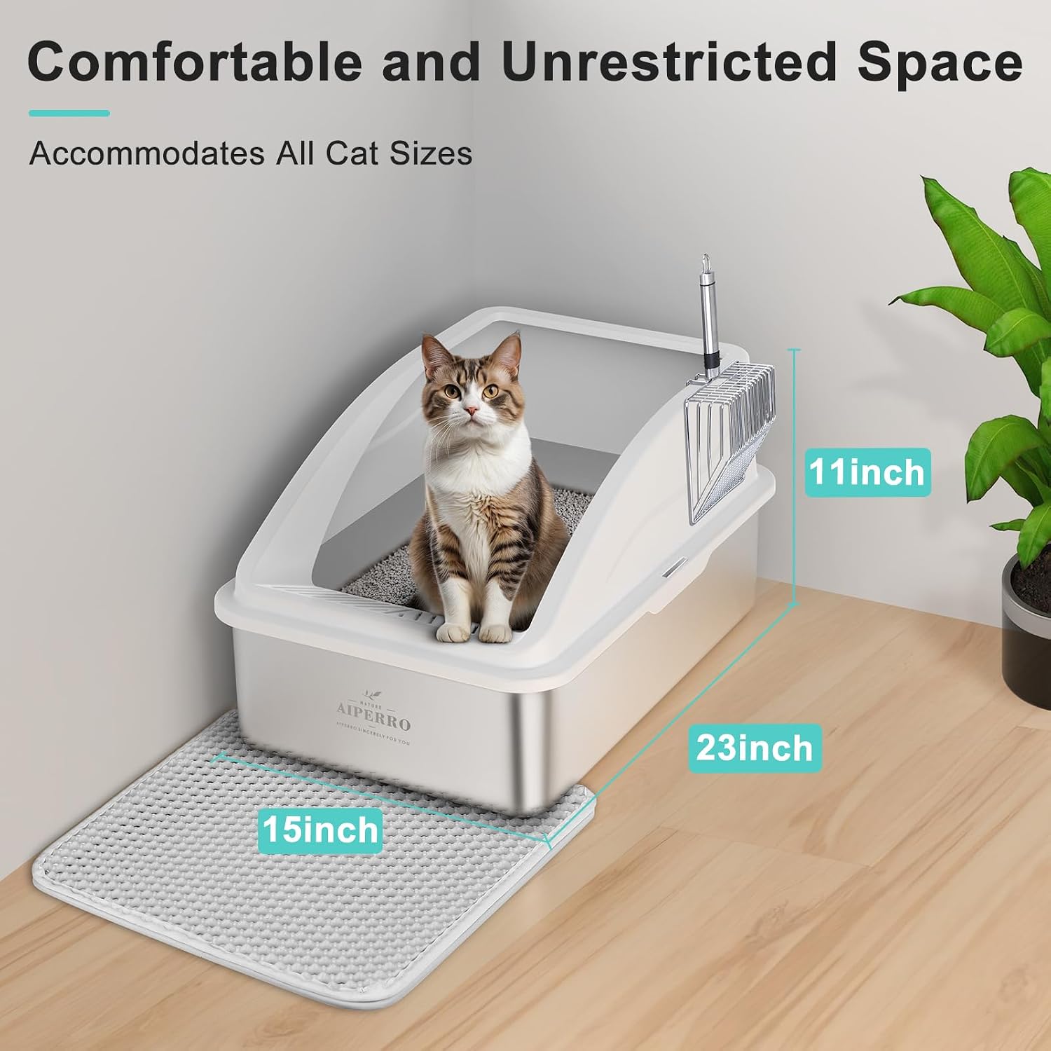 AIPERRO Stainless Steel Litter Box | XL Enclosed Cat Litter Boxes with Lid | High Sided Metal Litter Box for Big Cats | Anti-Urine Leakage | Non-Stick & Easy to Clean | Includes Litter Mat & Metal Scoop