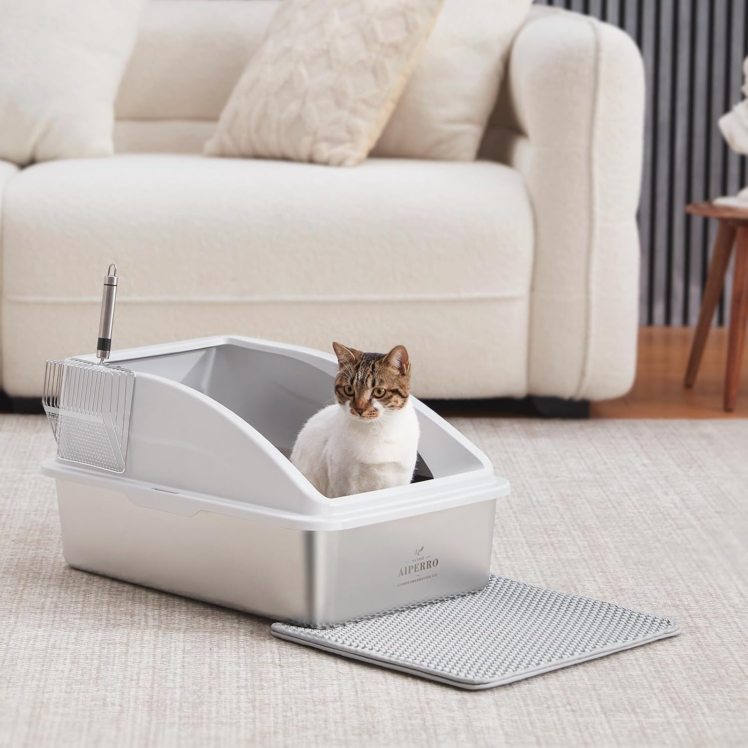 AIPERRO Stainless Steel Litter Box | XL Enclosed Cat Litter Boxes with Lid | High Sided Metal Litter Box for Big Cats | Anti-Urine Leakage | Non-Stick & Easy to Clean | Includes Litter Mat & Metal Scoop