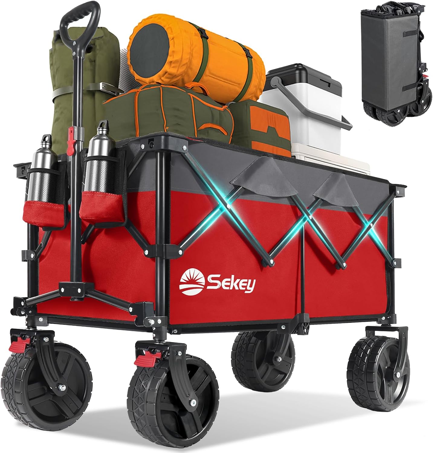 Sekey 220L Wagons Carts Foldable with Big All-Terrian Beach Wheels. Collapsible Heavy DutyWagon with Cup Holders. Extra Large Folding Wagon.Foldable Wagon for Camping. Garden. Sports.Red&Gray