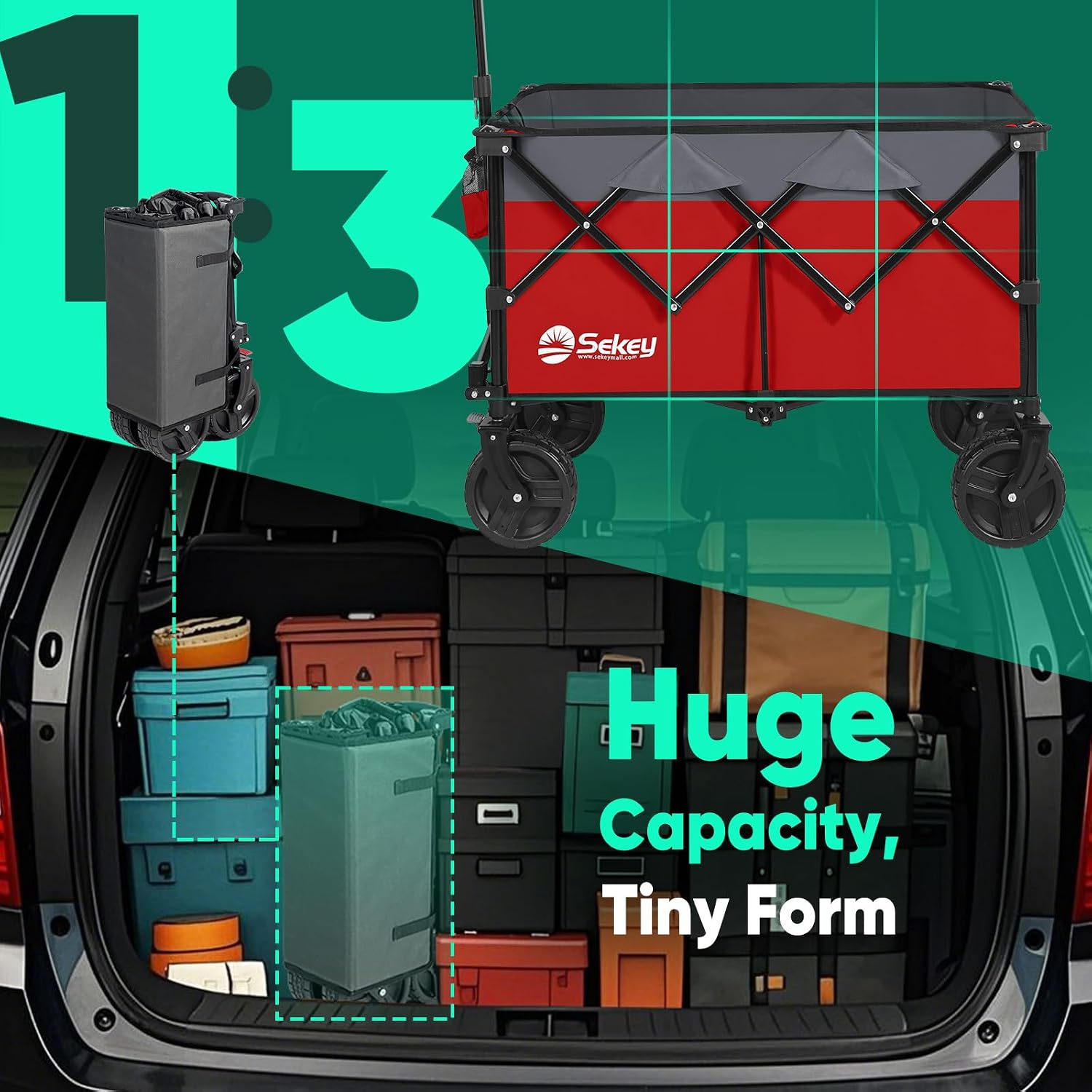 Sekey 220L Wagons Carts Foldable with Big All-Terrian Beach Wheels. Collapsible Heavy DutyWagon with Cup Holders. Extra Large Folding Wagon.Foldable Wagon for Camping. Garden. Sports.Red&Gray