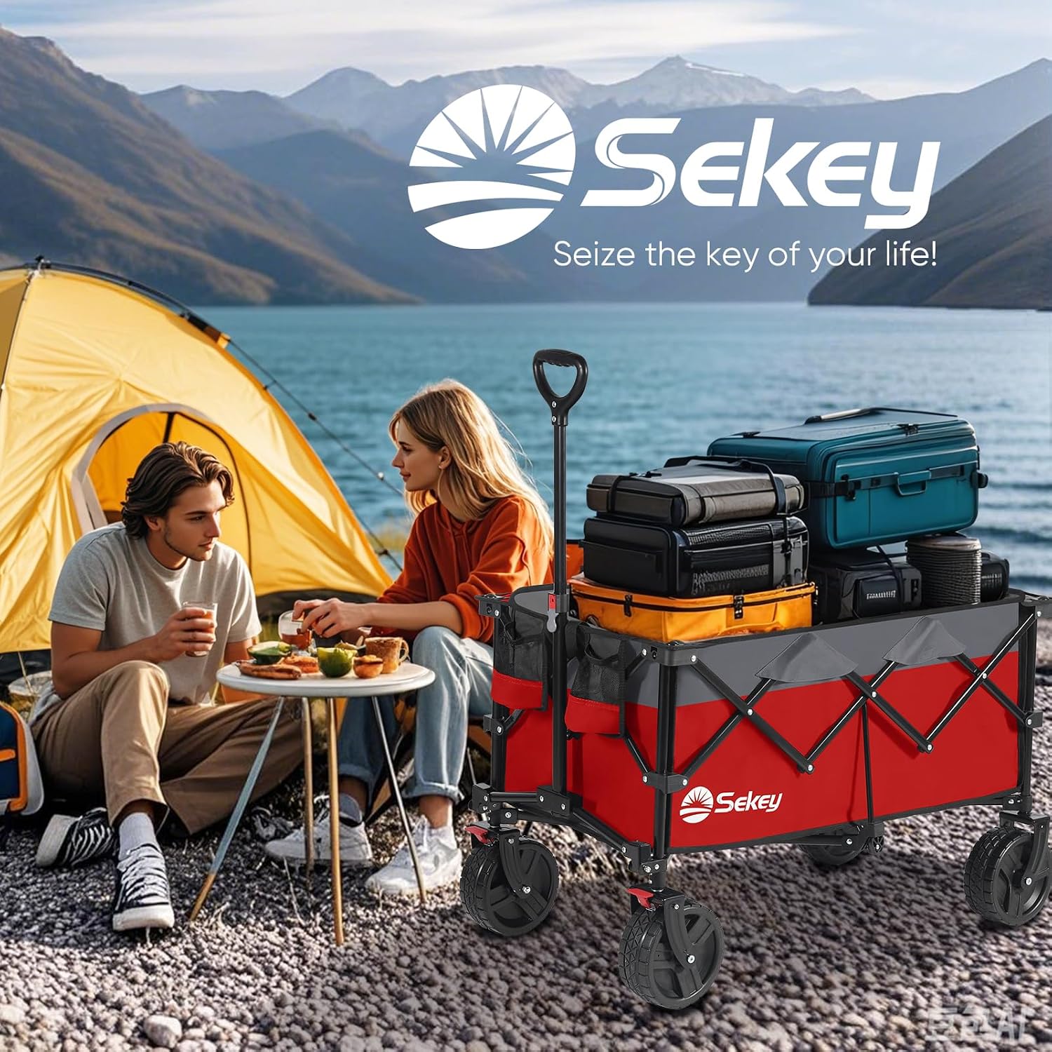 Sekey 220L Wagons Carts Foldable with Big All-Terrian Beach Wheels. Collapsible Heavy DutyWagon with Cup Holders. Extra Large Folding Wagon.Foldable Wagon for Camping. Garden. Sports.Red&Gray