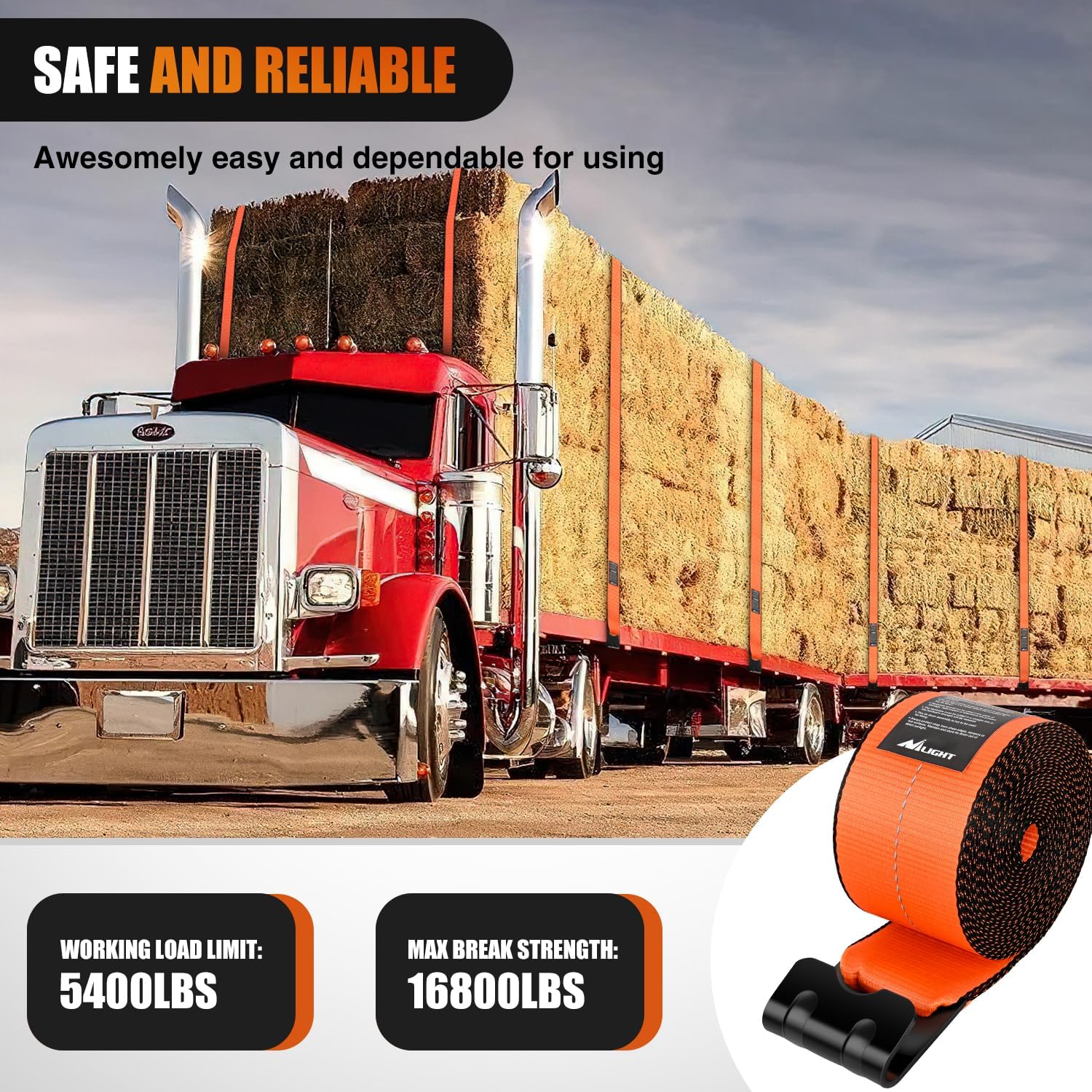 Nilight Truck Straps 4×30' Heavy Duty 16800LBS Break Strength 10 Pack | Orange Winch Straps with Flat Hook WLL 5400LBS Cargo Straps for Flatbeds Trucks Trailers Farms Rescues Tree Saver