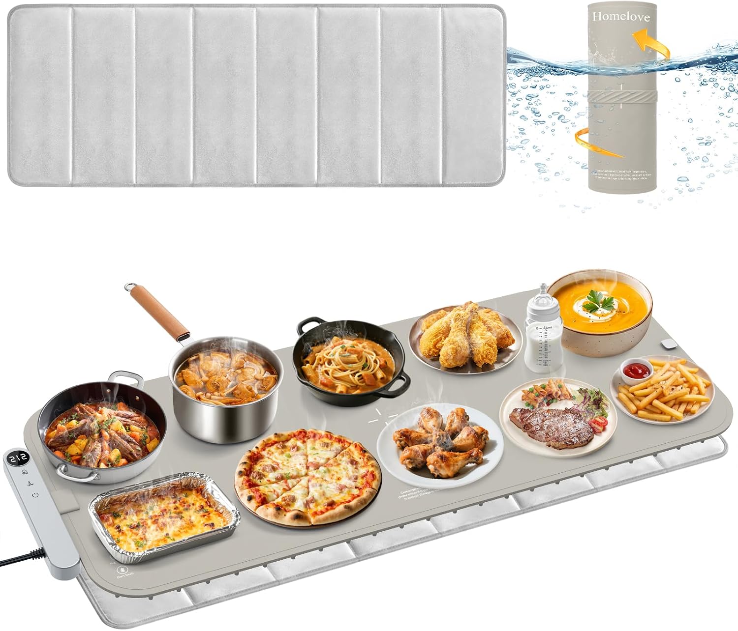 Homelove Warming Mat for Food - Electric Warming Tray with 7-Level Temp Settings & 6 Hours Timer. Full Surface Graphene Heating. Waterproof Dishwasher-Friendly Food Warmer for Parties. Kitchen (Khaki)