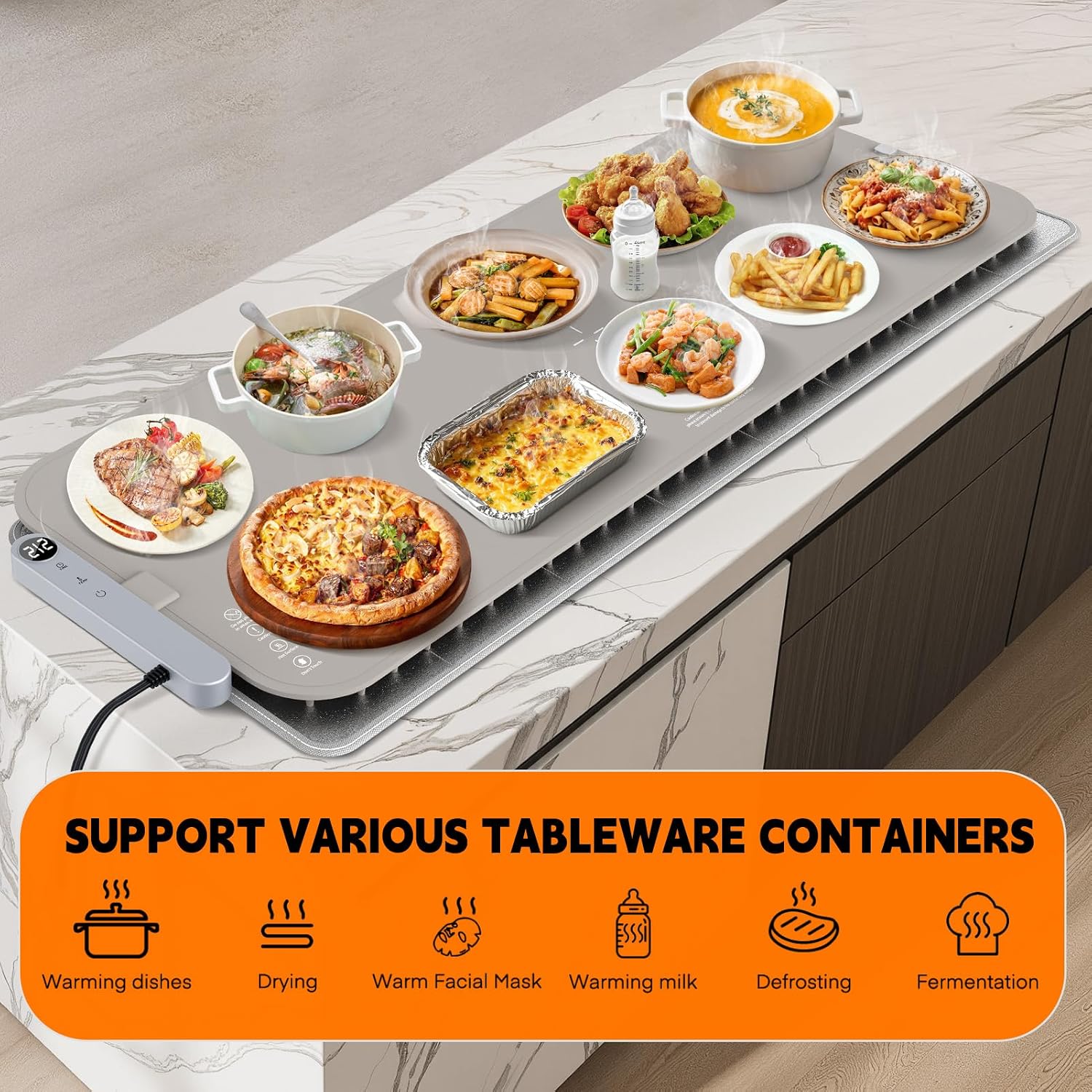 Homelove Warming Mat for Food - Electric Warming Tray with 7-Level Temp Settings & 6 Hours Timer. Full Surface Graphene Heating. Waterproof Dishwasher-Friendly Food Warmer for Parties. Kitchen (Khaki)