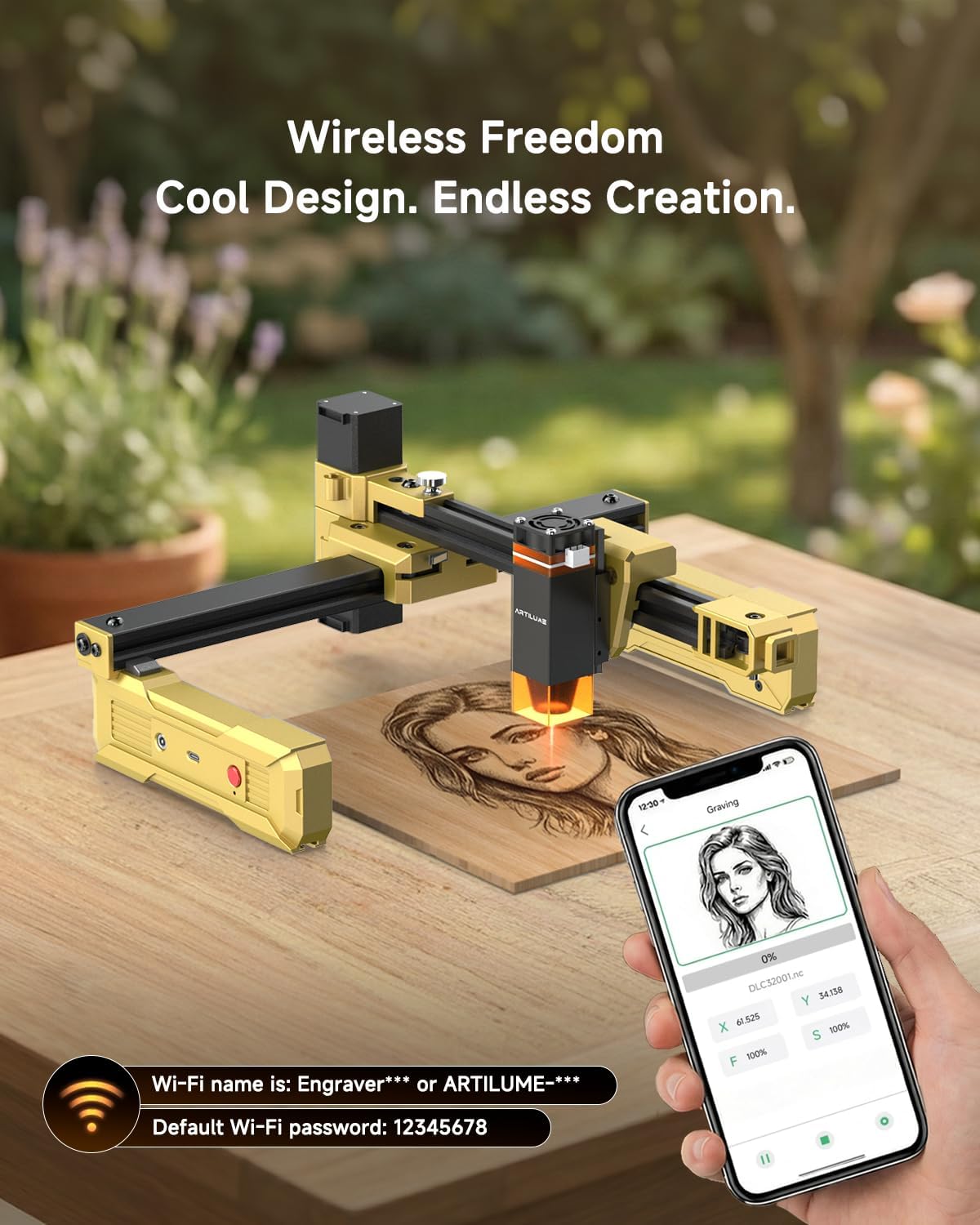 Artilume Foldable Laser Engraver with App for DIY & Craft - T1 7W | 200x150mm Work Area | 10000mm/min Speed | 0.01mm Precision | Wood. Leather. Acrylic. Coated Metal | APP Control