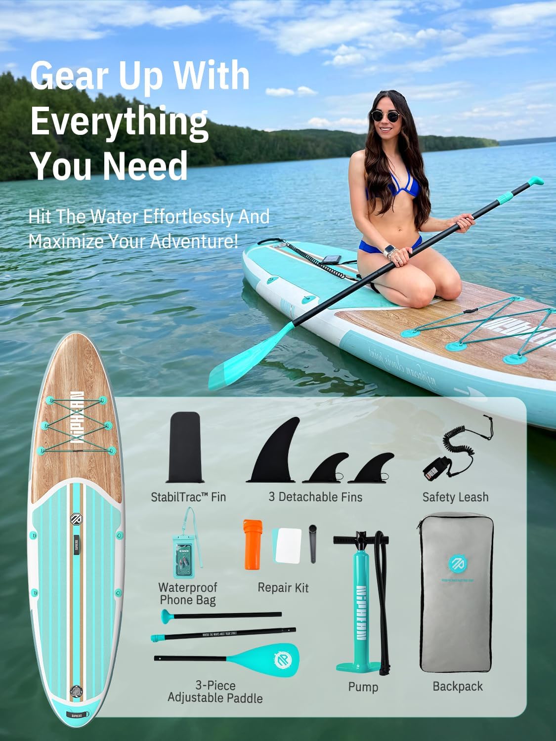 Niphean Inflatable Stand Up Paddle Board with SUP Accessories.Green Wood | 10'6'' SUP. Anti-Slip EVA Deck. 450 lbs Capacity Inflatable Paddle Boards for Adults & Youth of All Skill Levels