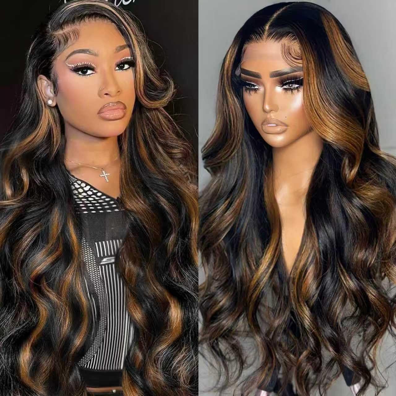 Durita 1B/30 Ombre Lace Front Wig 13x6 Body Wave Human Hair Wig 30 Inch | 100% Human Hair Wig with Natural Hairline. Pre-Plucked 1B/30 Brown Highlight Wig. 200% Density Colored Balayage Wig for Women