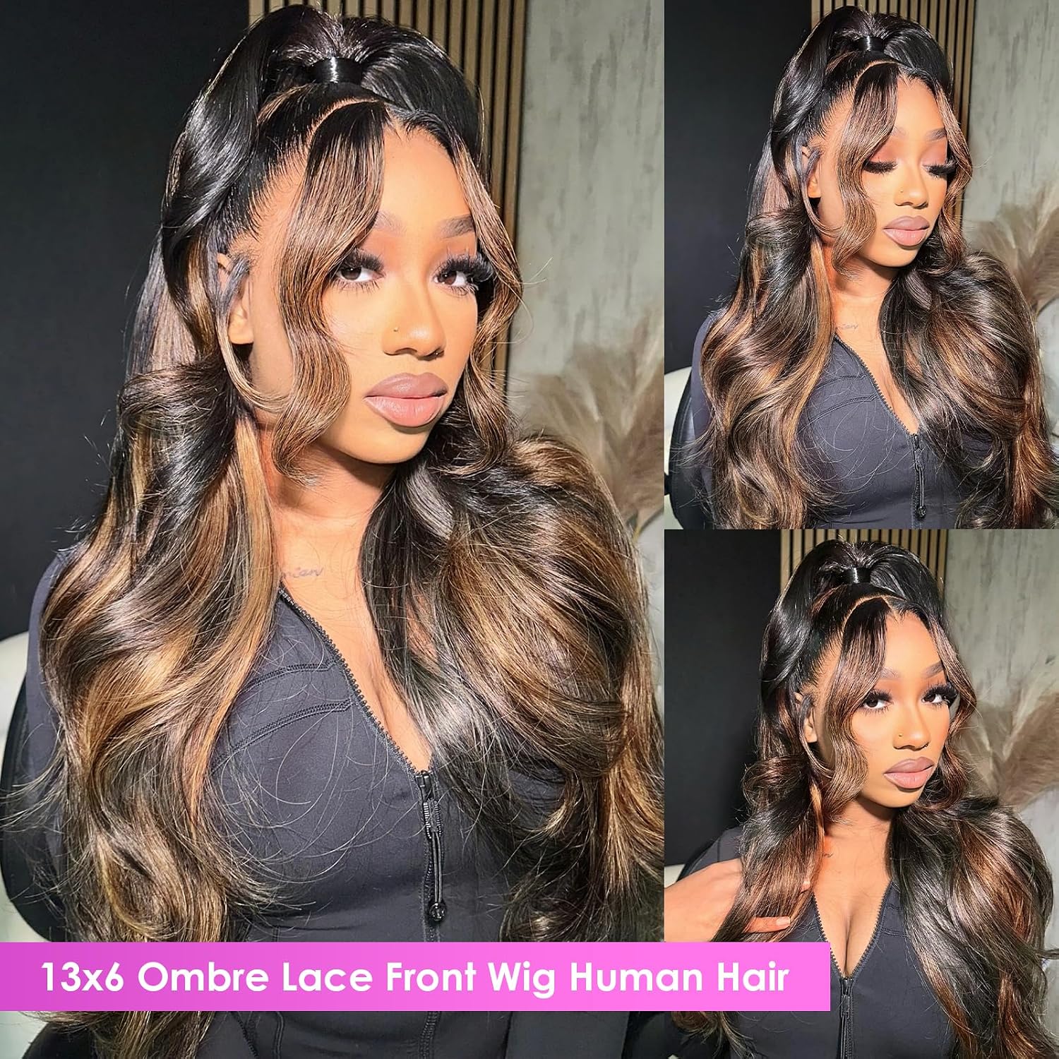 Durita 1B/30 Ombre Lace Front Wig 13x6 Body Wave Human Hair Wig 30 Inch | 100% Human Hair Wig with Natural Hairline. Pre-Plucked 1B/30 Brown Highlight Wig. 200% Density Colored Balayage Wig for Women