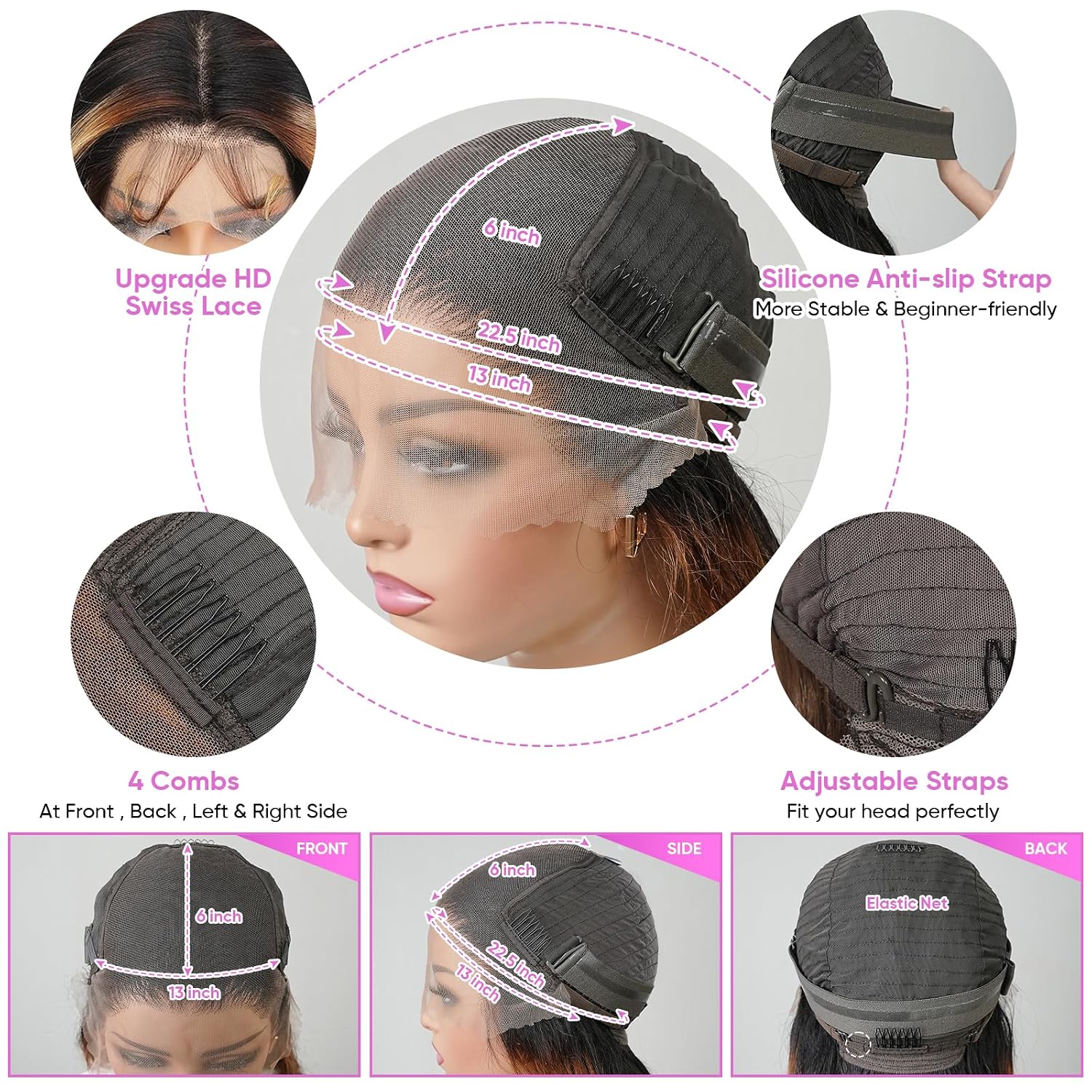 Durita 1B/30 Ombre Lace Front Wig 13x6 Body Wave Human Hair Wig 30 Inch | 100% Human Hair Wig with Natural Hairline. Pre-Plucked 1B/30 Brown Highlight Wig. 200% Density Colored Balayage Wig for Women