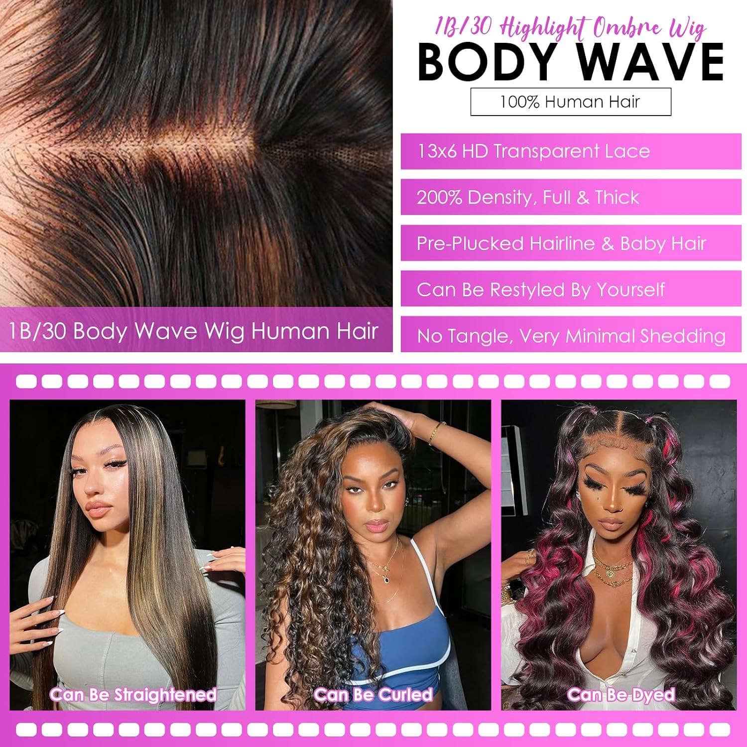 Durita 1B/30 Ombre Lace Front Wig 13x6 Body Wave Human Hair Wig 30 Inch | 100% Human Hair Wig with Natural Hairline. Pre-Plucked 1B/30 Brown Highlight Wig. 200% Density Colored Balayage Wig for Women