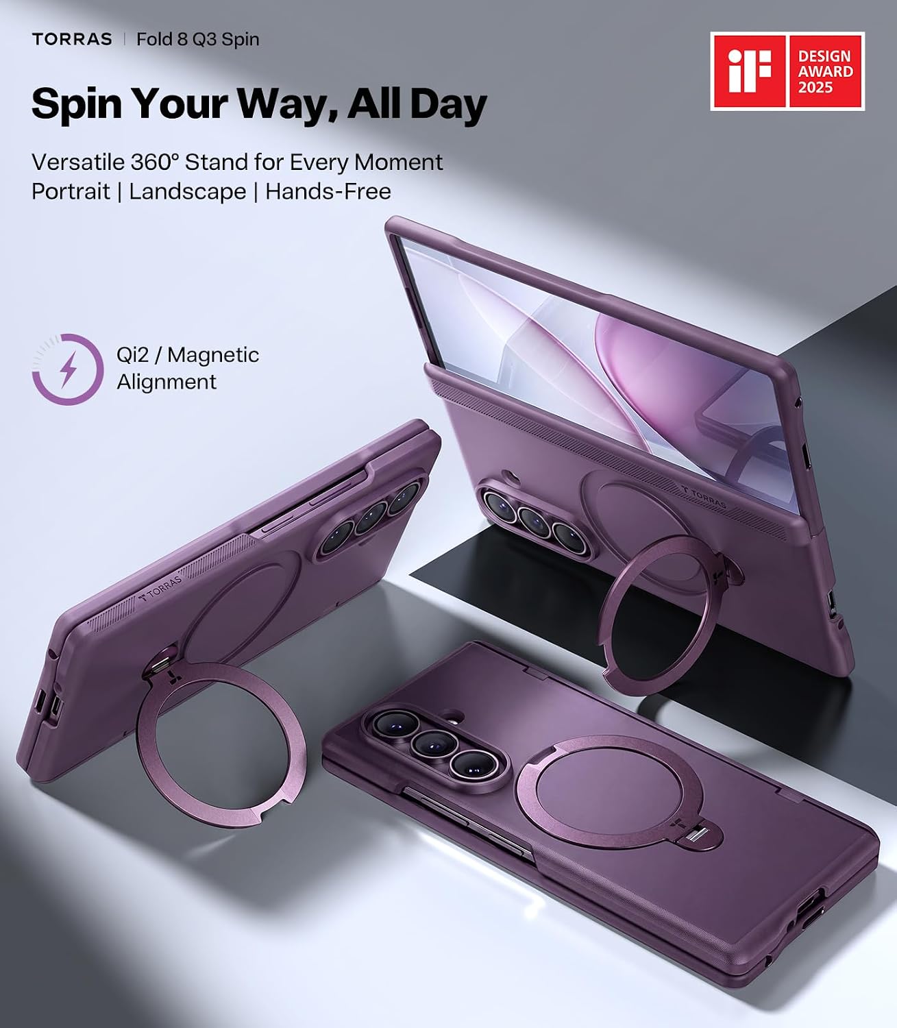 TORRAS 360 Spin Magnetic Stand Case for Galaxy Z Fold 8 Ultra. MIL-Grade | Hinge Protection. Compatible with MagSafe. 360 Kickstand. Hard Slim Protevtive. 2 Screen Protectors. Violet Purple