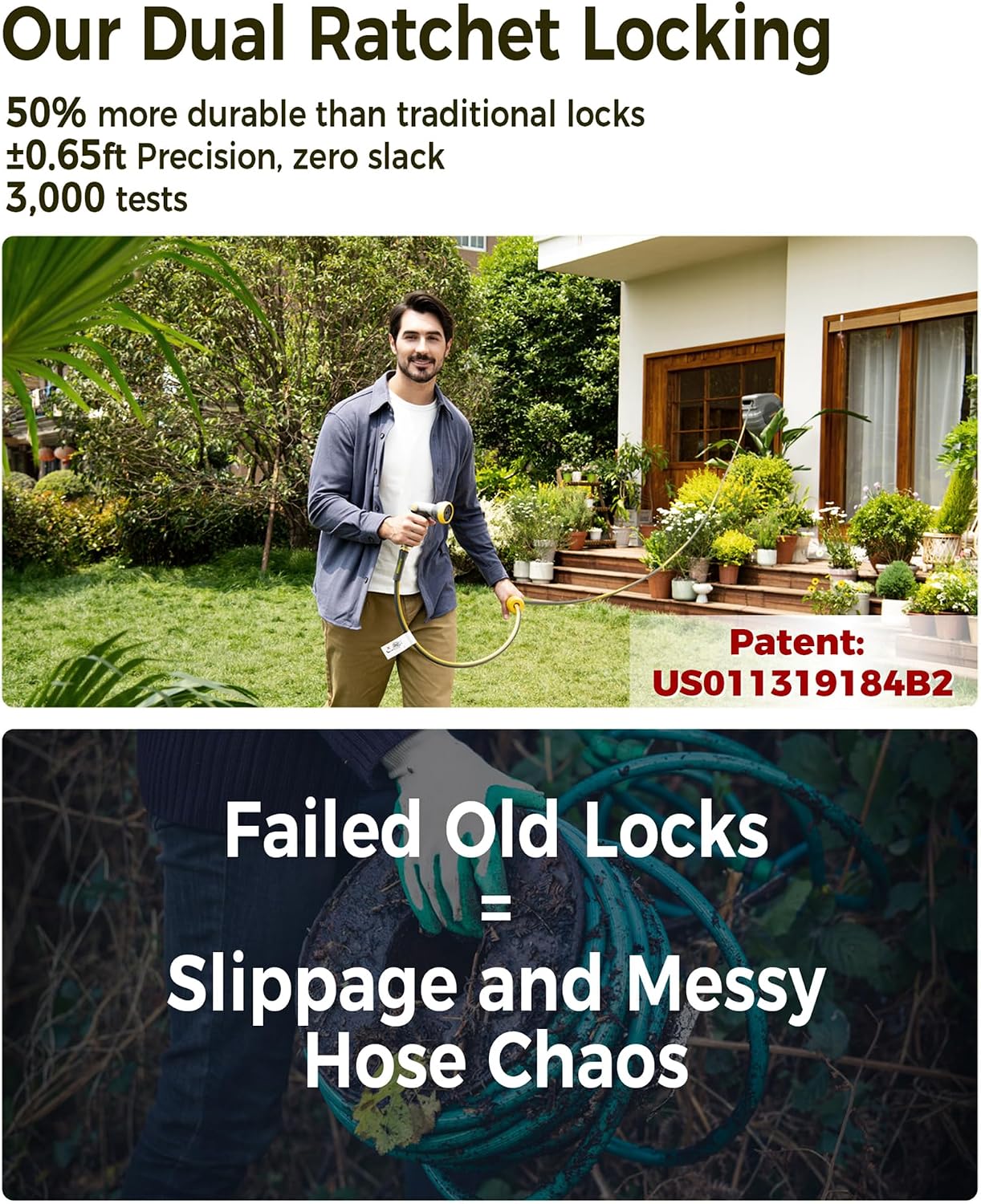 GLAHODEN Retractable Garden Hose Reel 1/2 in x 100 ft. 2025 Upgraded Dual Ratchet Lock UV & Freeze Protection Brass Seal Slow Retraction Anti-Tangle Hose 180°Swivel Reinforced Scaffold Wall Mount
