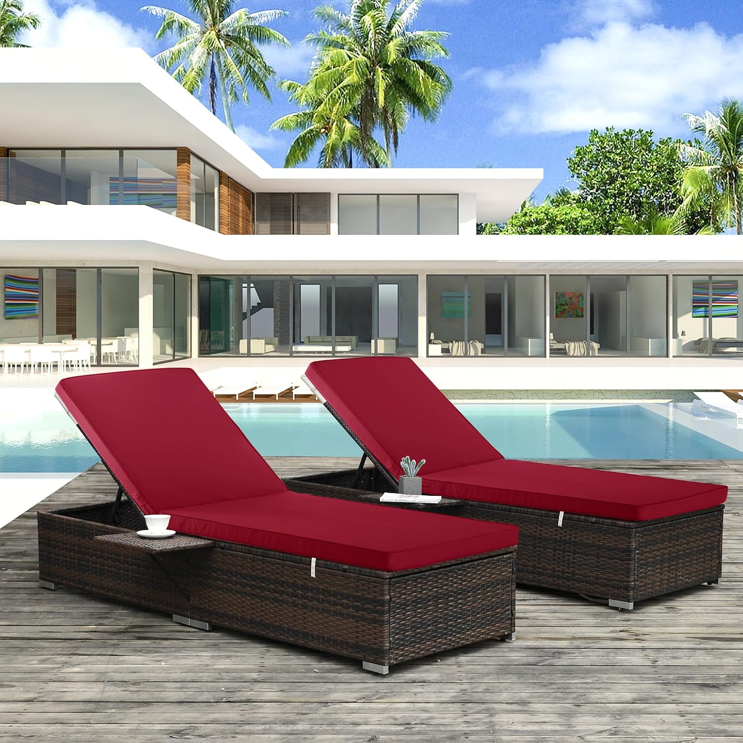 Comcaver Chaise Lounge Cushions Outdoor Set of 4. 72x21x3 Inch. Burgundy | Waterproof and Stain-Resistant Lounge Deck Reclining Chair Cushions for Patio Furniture Lawn Pool Resort Hotel
