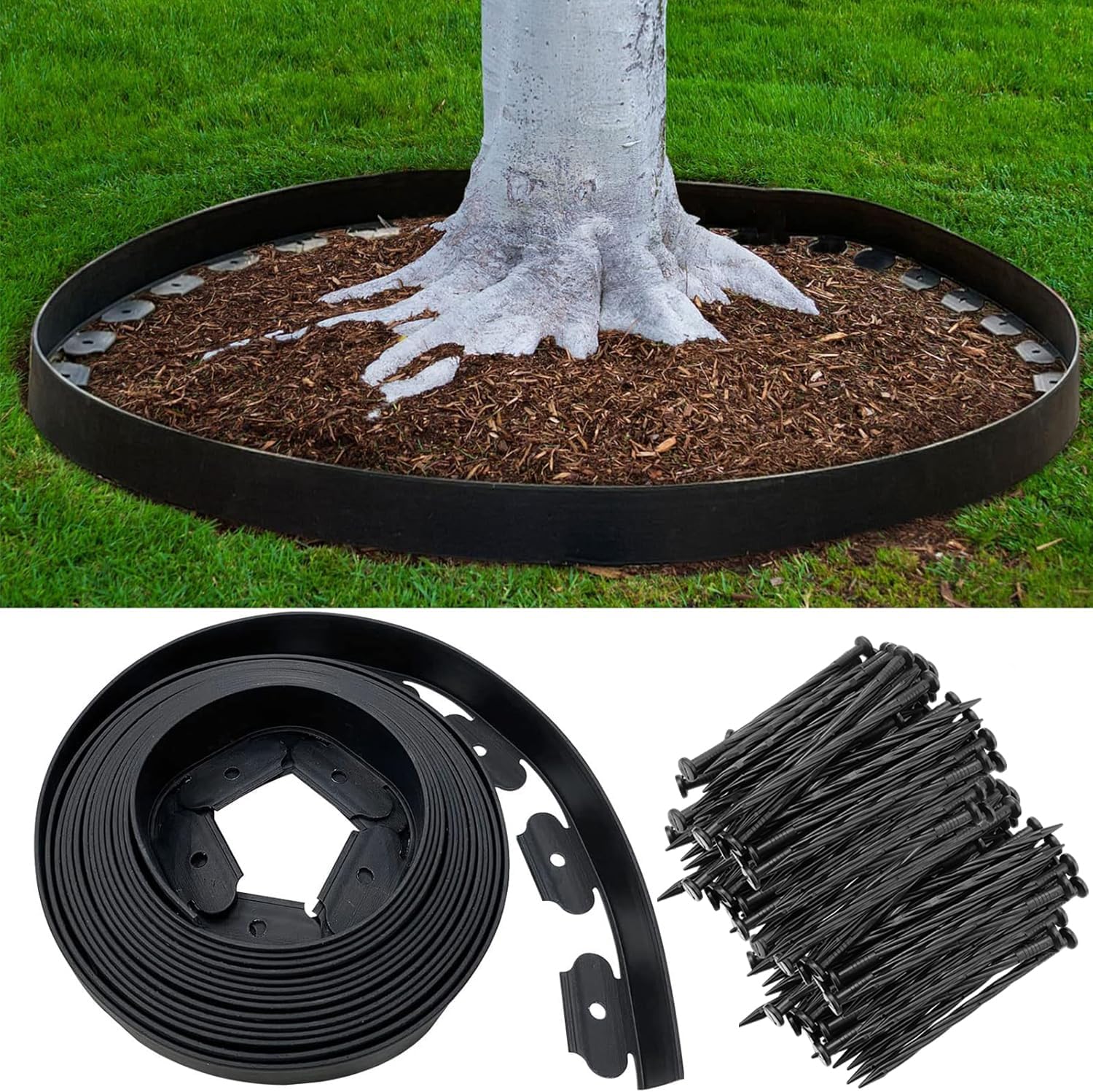 Landscape Edging Border 120FT. 4IN Tall Plastic Garden Edging | Lawn Edging Kit with 180pcs Spikes. Tool-Free Flexible Edge Border for Yard. Flowerbeds. Tree Surrounds. Pathway. Black