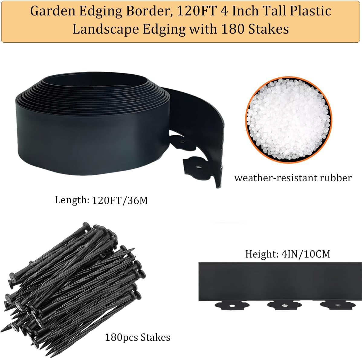 Landscape Edging Border 120FT. 4IN Tall Plastic Garden Edging | Lawn Edging Kit with 180pcs Spikes. Tool-Free Flexible Edge Border for Yard. Flowerbeds. Tree Surrounds. Pathway. Black