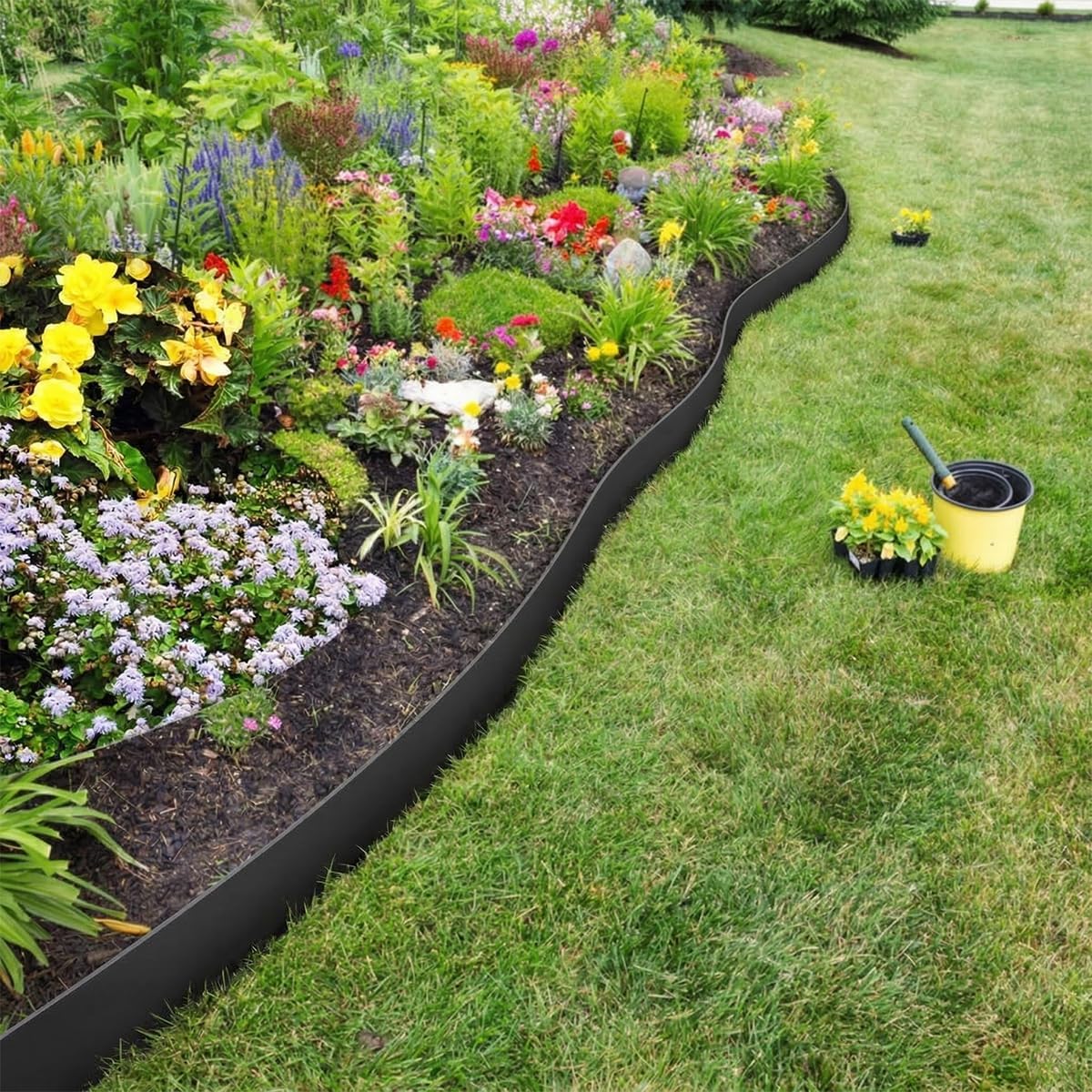 Landscape Edging Border 120FT. 4IN Tall Plastic Garden Edging | Lawn Edging Kit with 180pcs Spikes. Tool-Free Flexible Edge Border for Yard. Flowerbeds. Tree Surrounds. Pathway. Black