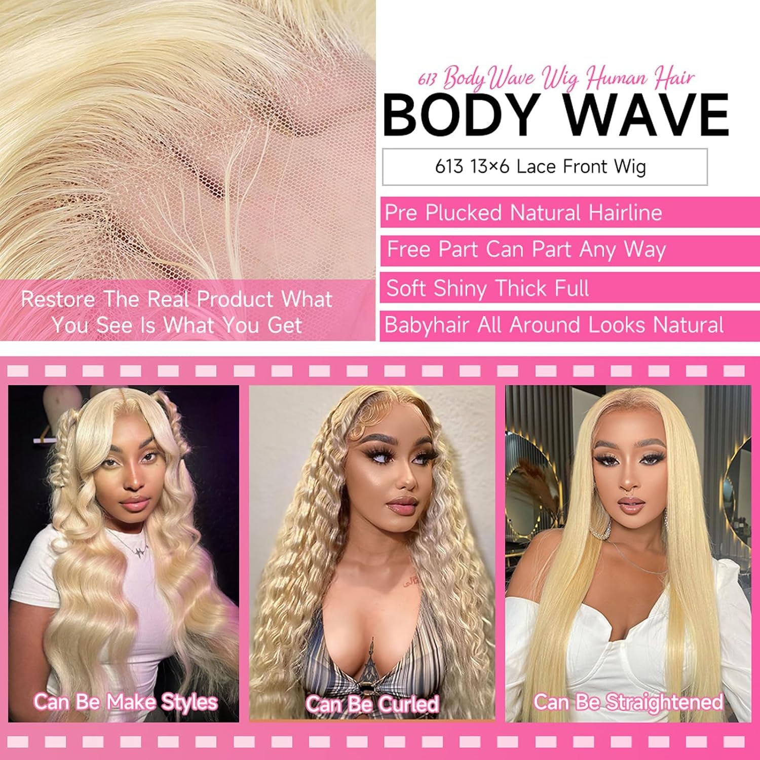Cloudeer 613 13x6 Lace Front Wig Human Hair 32 Inch Blonde Wig Human Hair | Body Wave 13x6 HD Lace Front Wigs Human Hair Pre Plucked 200 Density Blonde Frontal Wigs Human Hair Glueless Wigs for Women
