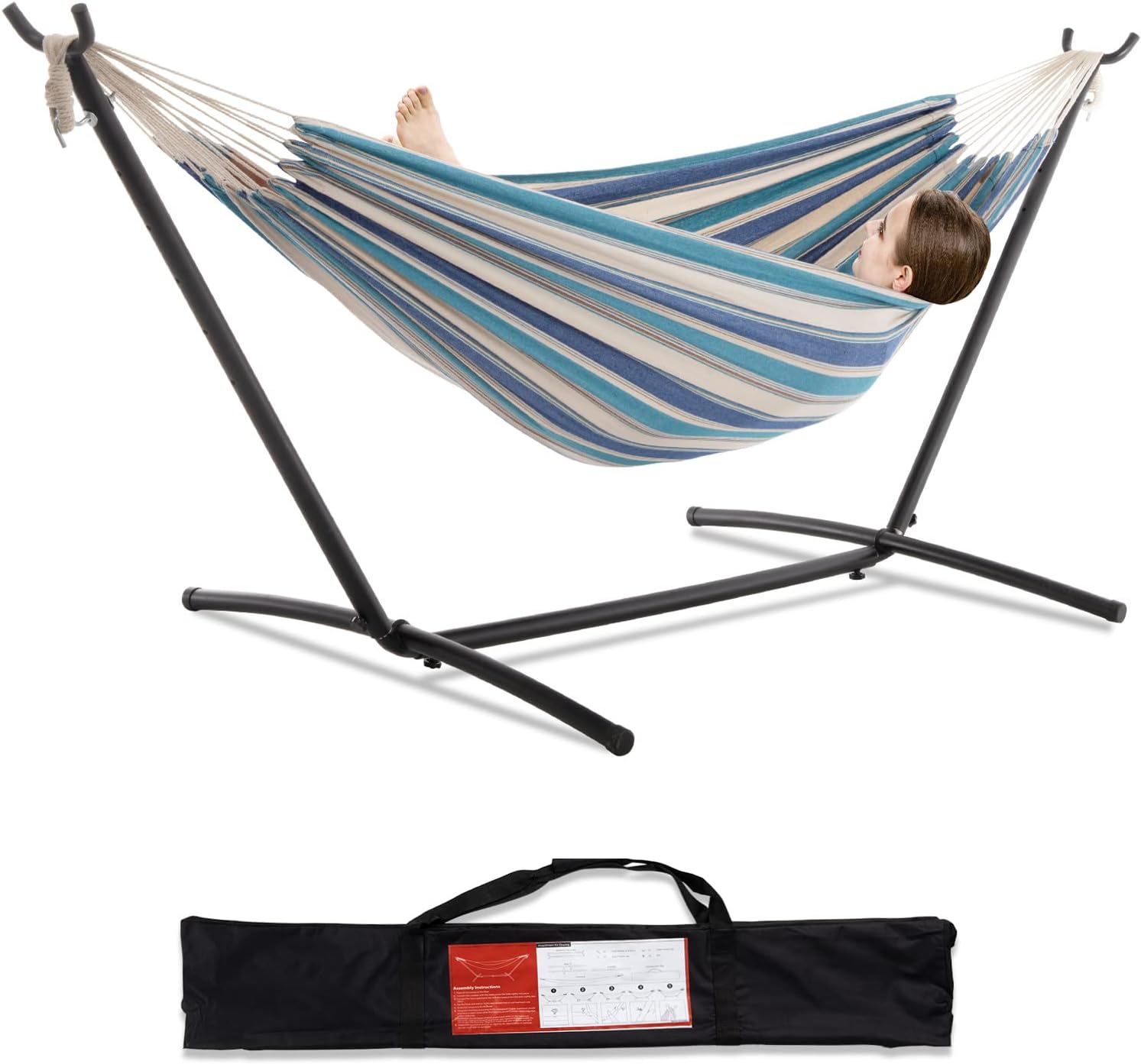 PNAEUT Double Hammocks with Stand for Outside. Portable Space Saving Heavy-Duty Steel Stand for Indoor Outdoor Patio with Carrying Bag. 450 lbs Capacity (Lightblue)