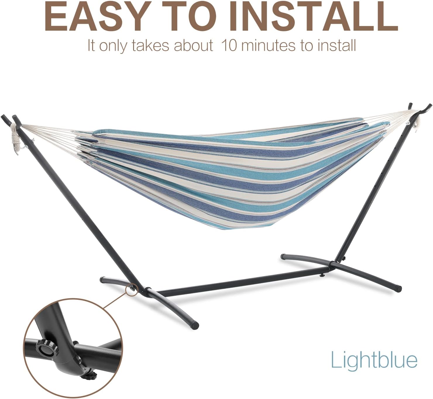 PNAEUT Double Hammocks with Stand for Outside. Portable Space Saving Heavy-Duty Steel Stand for Indoor Outdoor Patio with Carrying Bag. 450 lbs Capacity (Lightblue)