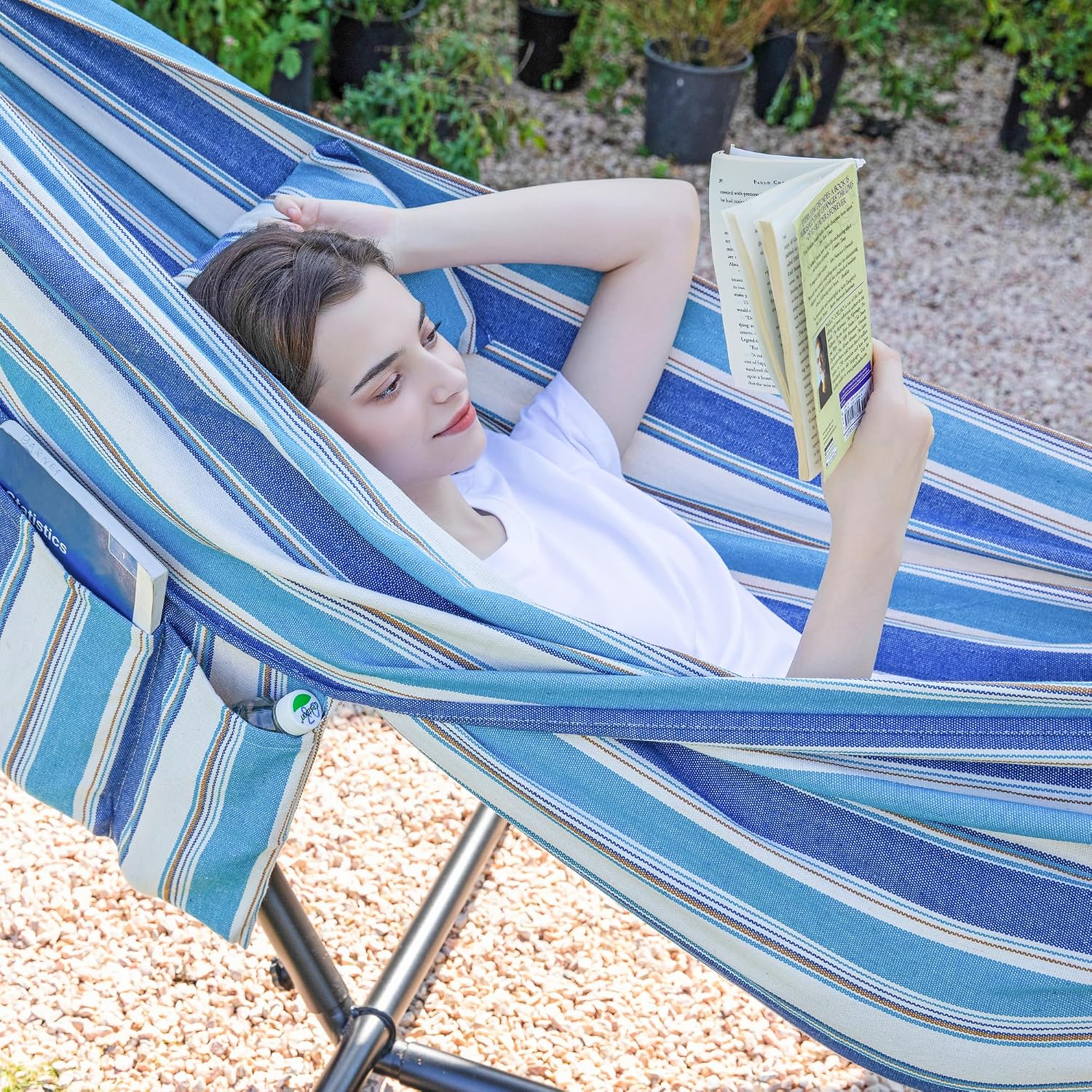 PNAEUT Double Hammocks with Stand for Outside. Portable Space Saving Heavy-Duty Steel Stand for Indoor Outdoor Patio with Carrying Bag. 450 lbs Capacity (Lightblue)