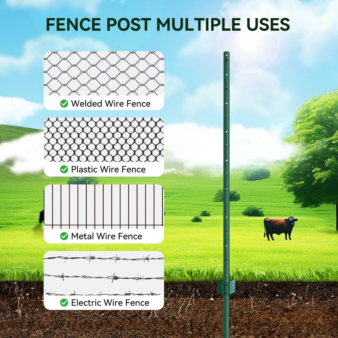Metal Fence Post 4.8 Feet Green. Pack of 20. T Post for Wire Fence. No Dig Steel U Posts Fencing for Lawn Garden Wire Mesh Fences Poles Sign Outdoor