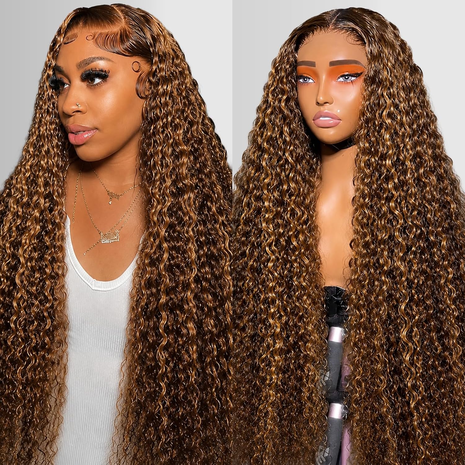 NOELLA Honey Blonde Wig Human Hair Water Wave 13x6 Lace Front Wigs 30 Inch | P4/27 Highlight Curly Human Hair Wig. 200 Density Pre-Plucked Ombre Lace Frontal Wigs. 100% Human Hair Water Wave Wig